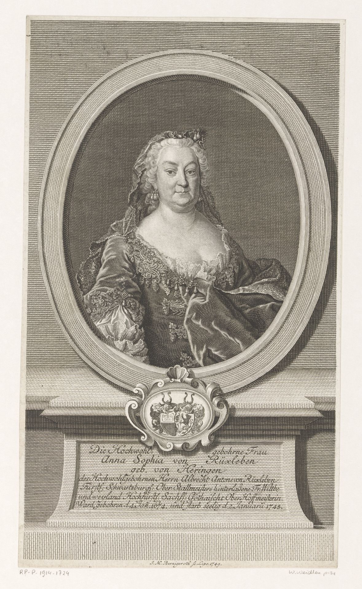 Portret van Anna Sophia von Rüxleben by Johann Martin Bernigeroth