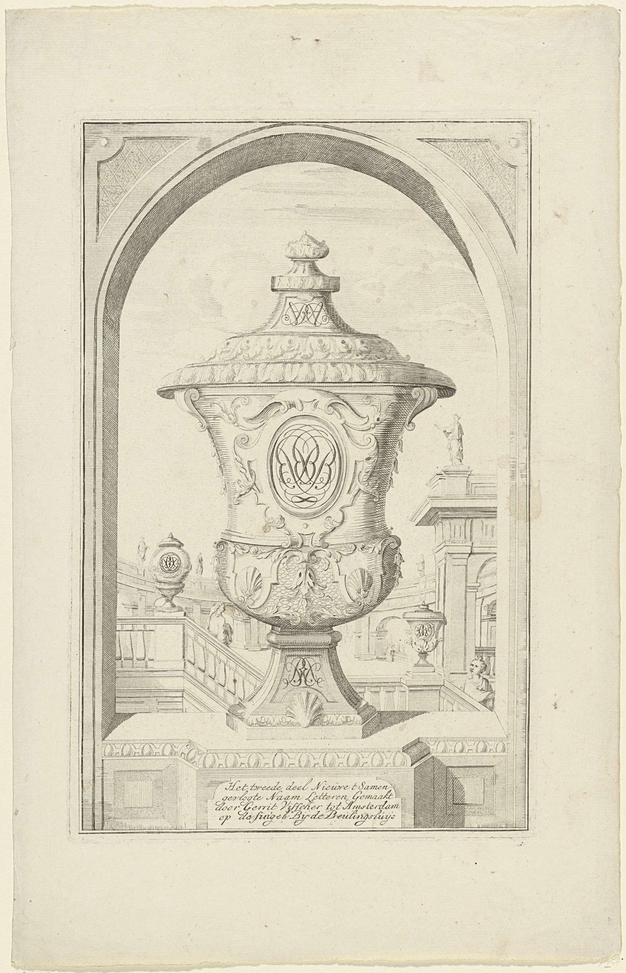 Tuinvaas met drie monogrammen op een balustrade by Gerrit Visscher