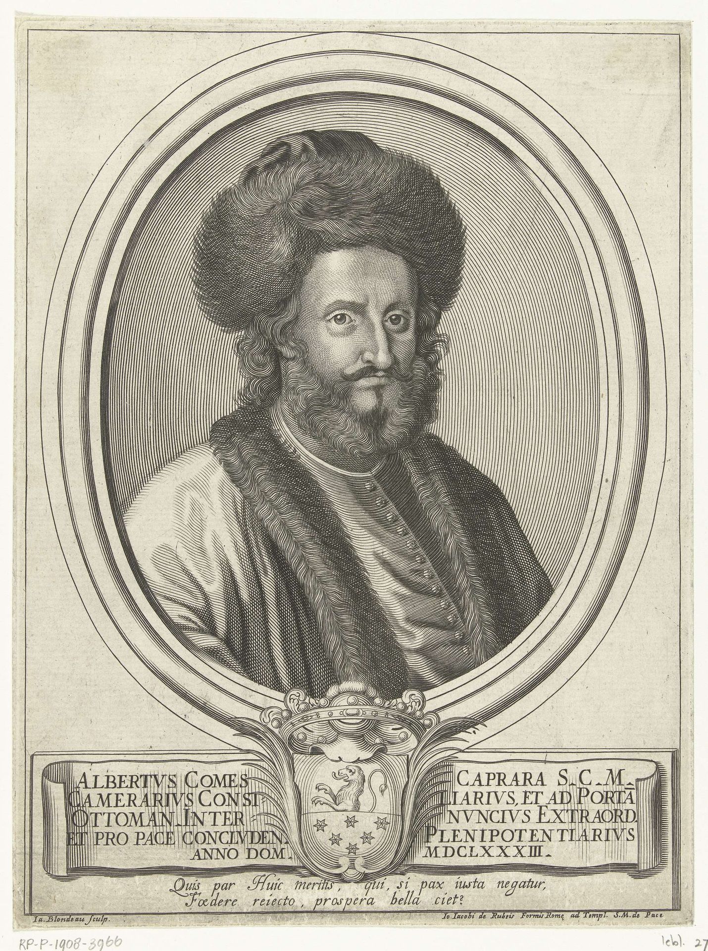 Portret van Ottomaanse graaf Alberto Caprara met bontmuts by Jacques Blondeau
