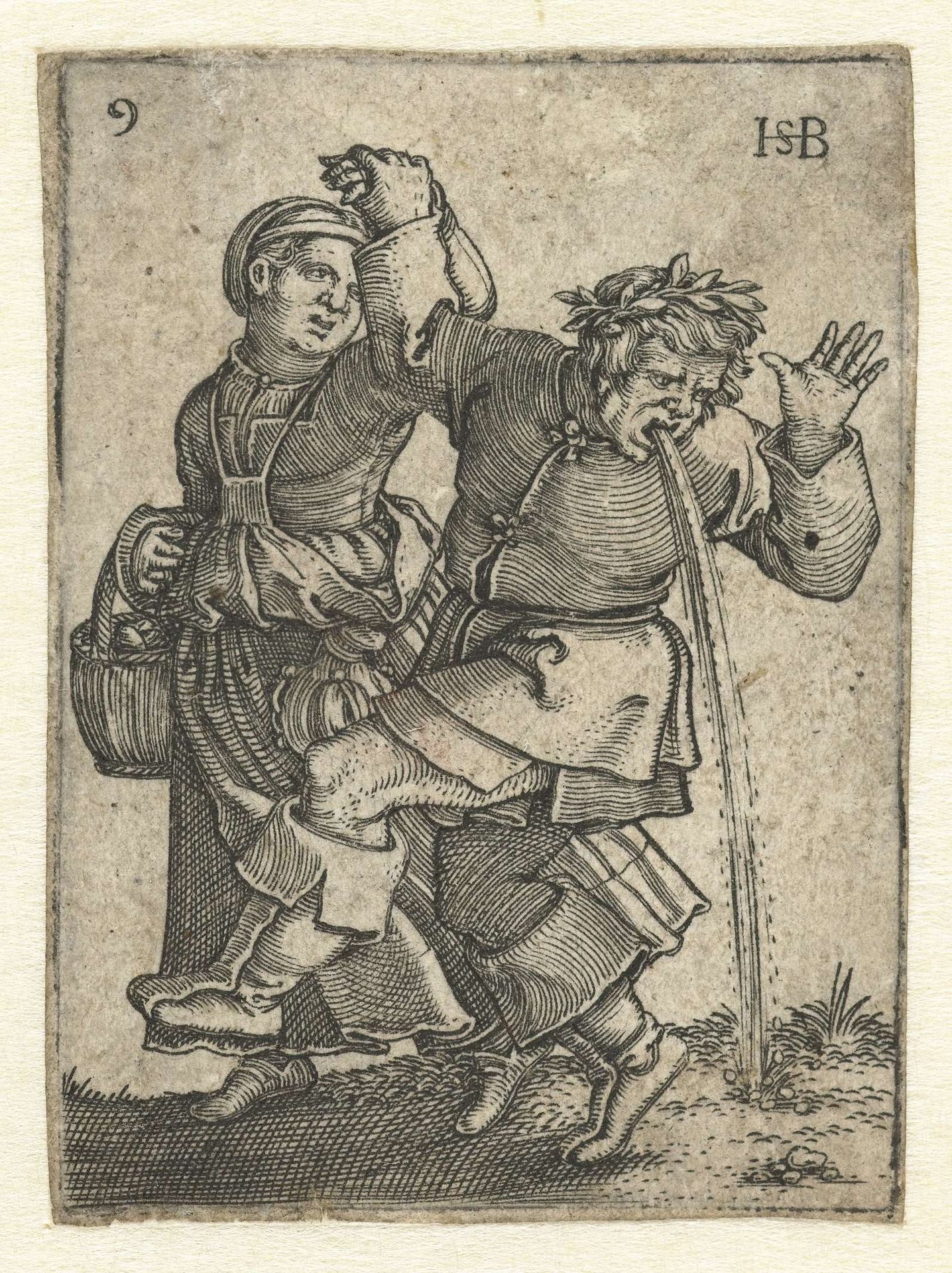 Dansend boerenpaar, man geeft over by Sebald Beham