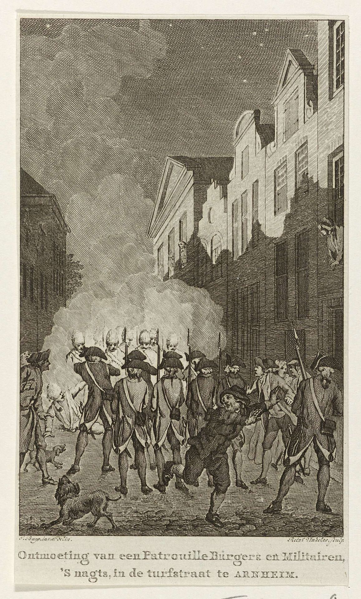 Confrontatie tussen burgerpatrouille en militaire patrouille te Arnhem, 1784 by Reinier Vinkeles