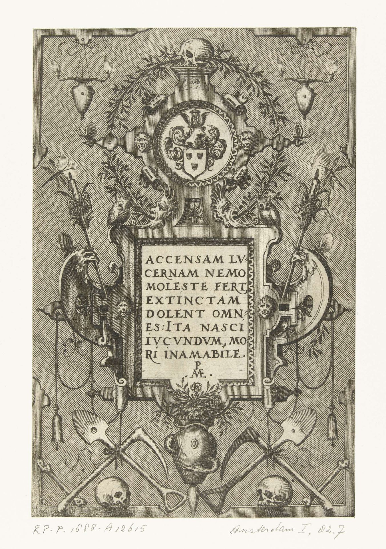 Dubbele cartouche, in de bovenste cartouche bevindt zich een wapen by Pieter van der Heyden