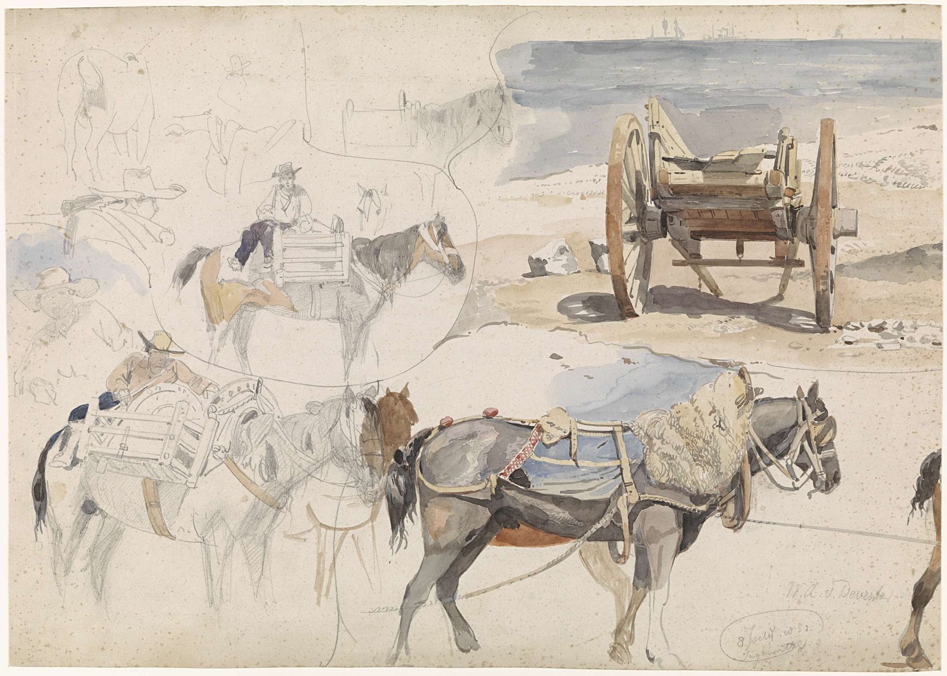 Studieblad met schelpenkar op het strand en diverse studies van paarden by Willem Anthonie van Deventer