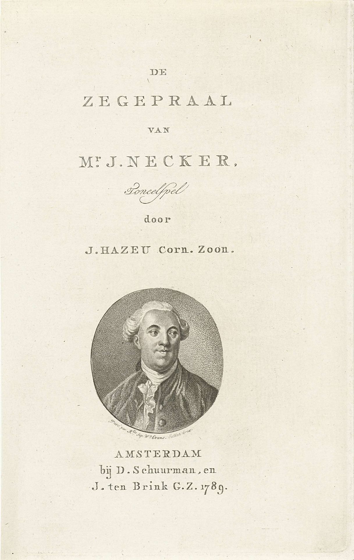 Titelpagina voor De zegepraal van Mr. J. Necker, Amsterdam, 1789 by Sophia Wilhelmina Evans
