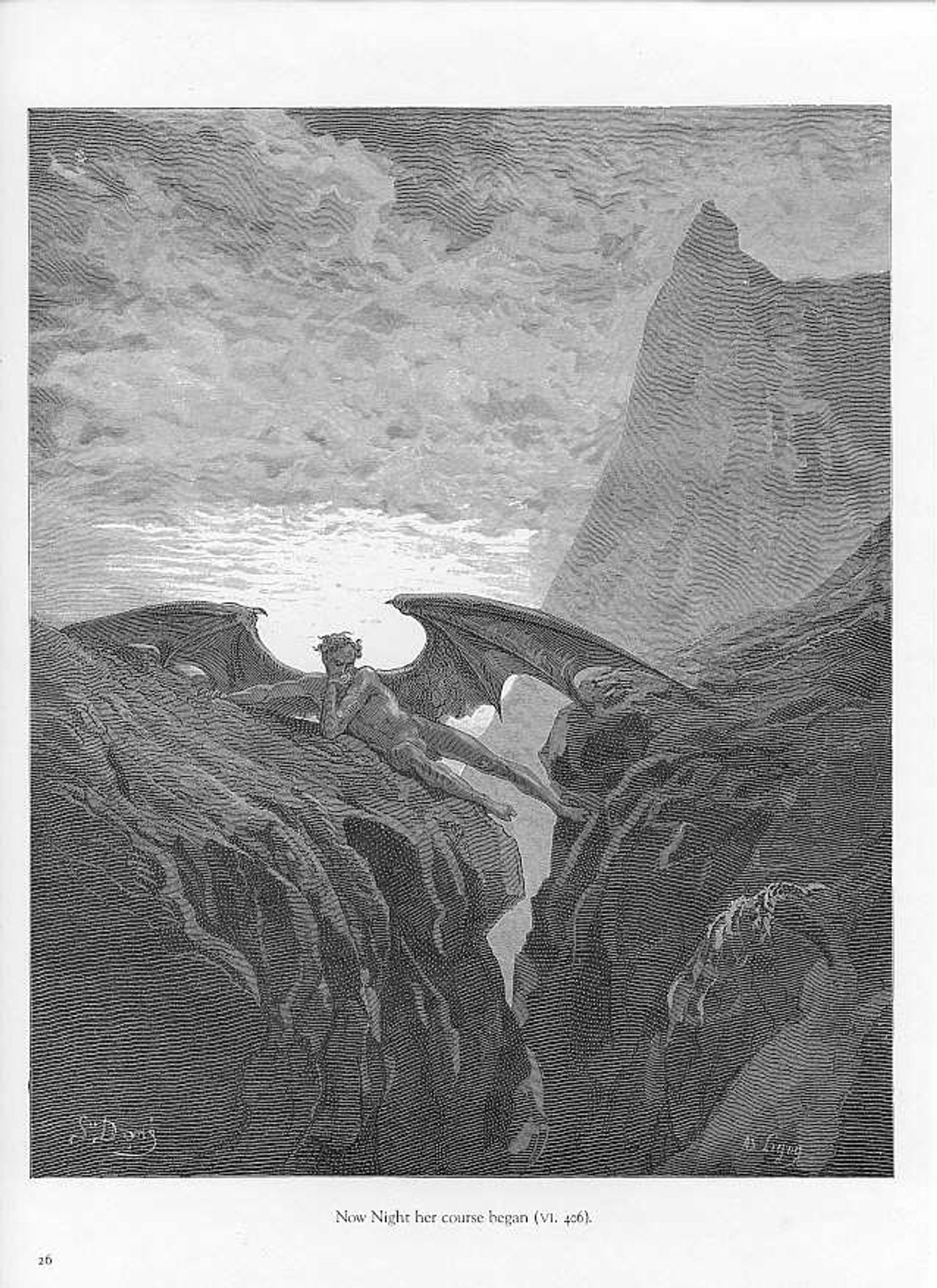 Plate no. 26 Book VI line 406 'Now Night her Course began..' by Gustave Dore