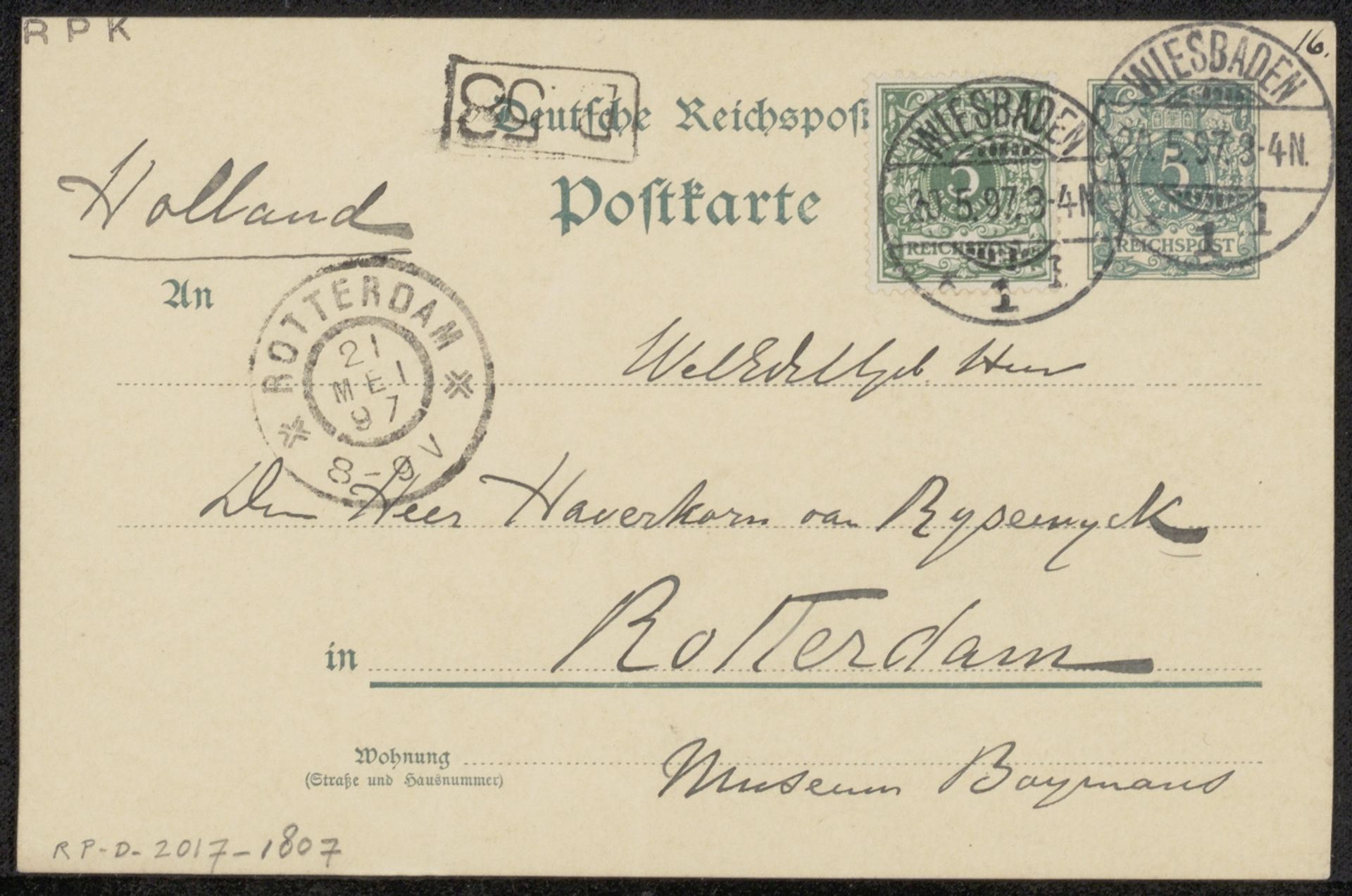 Briefkaart aan Pieter Haverkorn van Rijsewijk by Carel Nicolaas Storm van 's-Gravesande