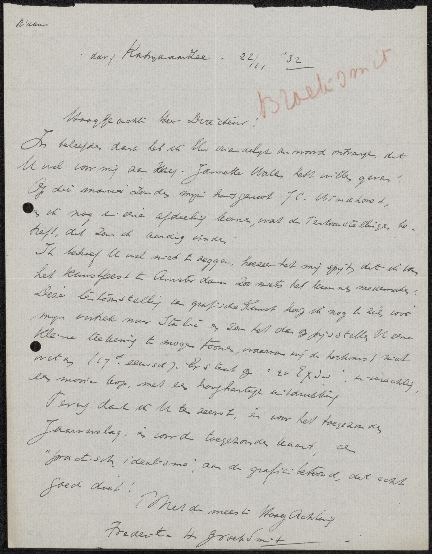 Brief aan jonkheer Hendrik Teding van Berkhout (1879-1969) by Frederika Henriëtte Broeksmit