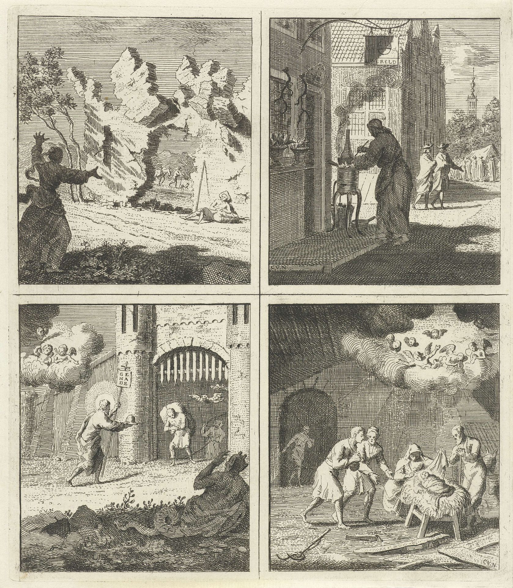 Voorzichtigheid is de moeder van de wijsheid / Apotheek / Christus biedt genade en vrijheid aan / Geboorte van Christus by Cornelis van Noorde