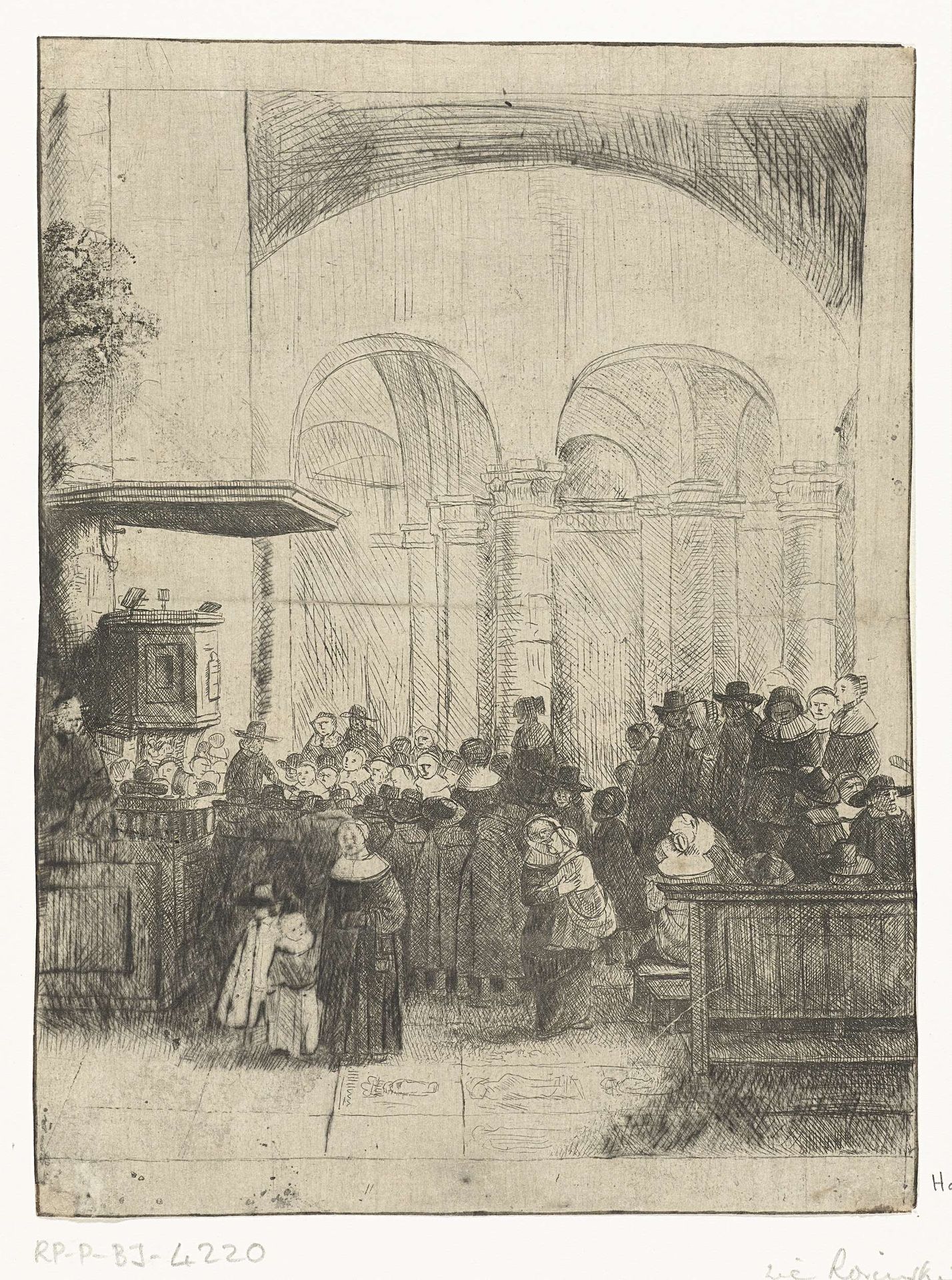 Kerkinterieur met kerkgangers by Esaias Boursse