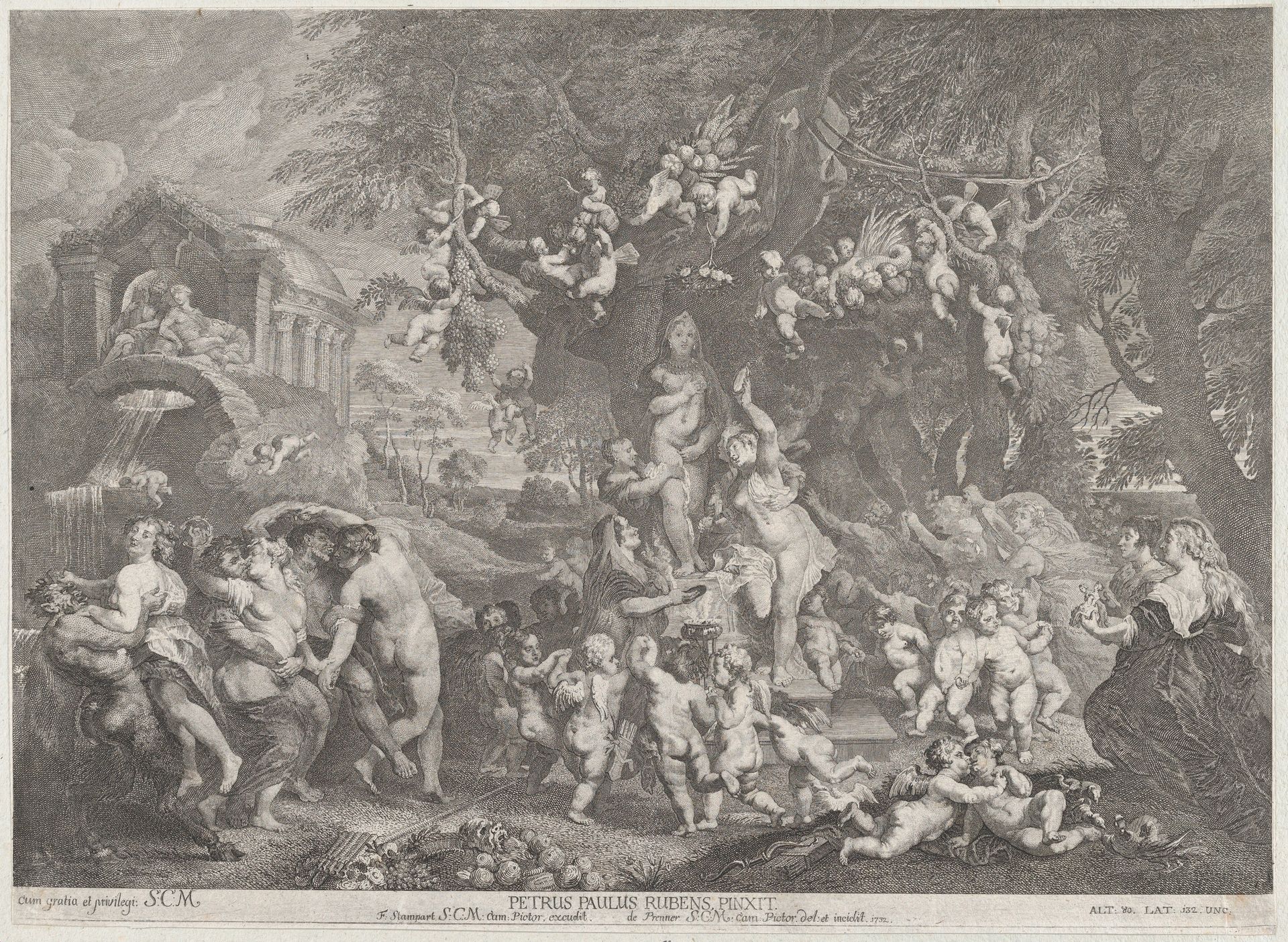 The Feast of Venus, with groups of satyrs, nymphs, and putti dancing around a statue of Venus by Anton Joseph von Prenner