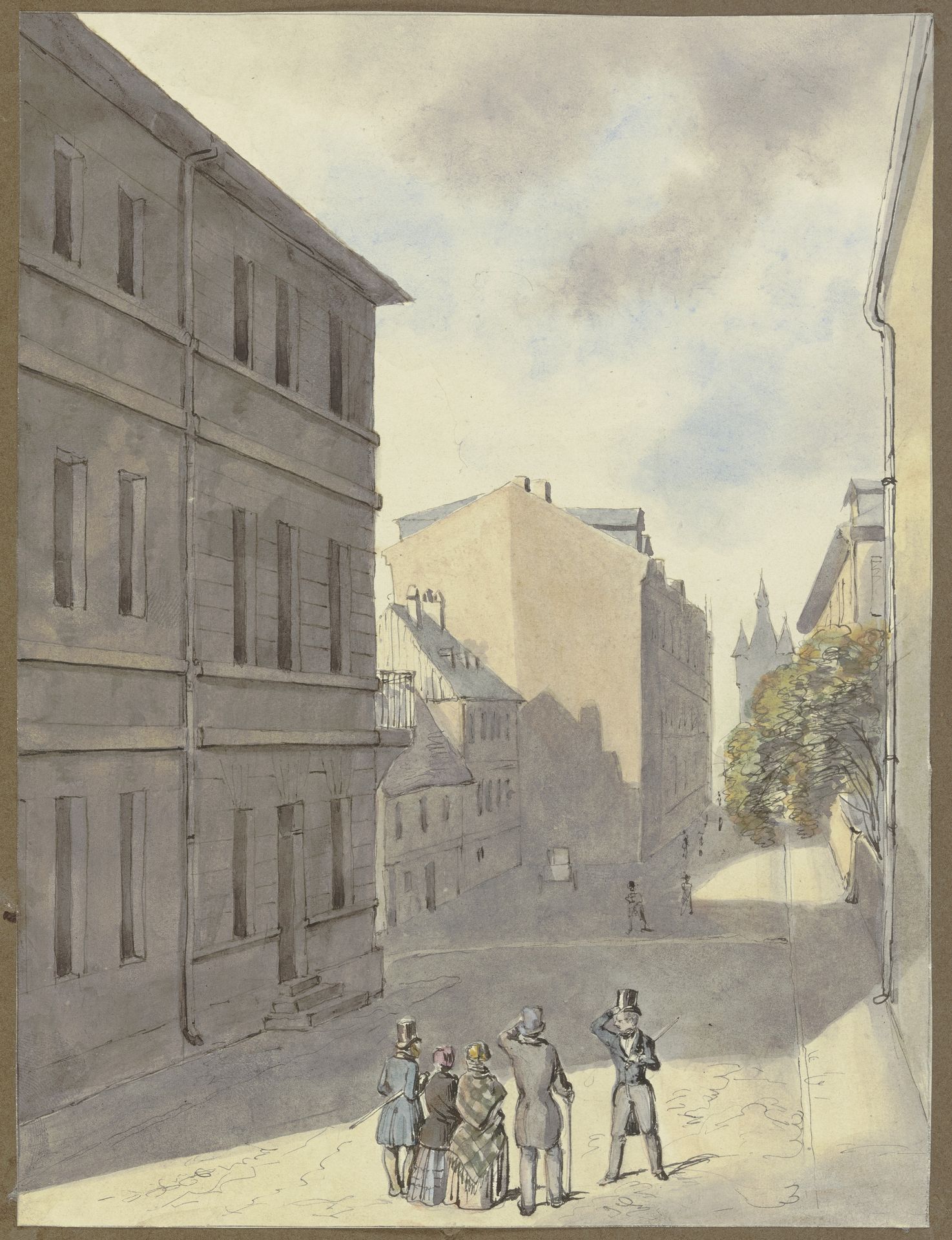 Spaziergänger in der Hochstraße in Frankfurt am Main, im Hintergrund der Eschenheimer Turm by Monogrammist F