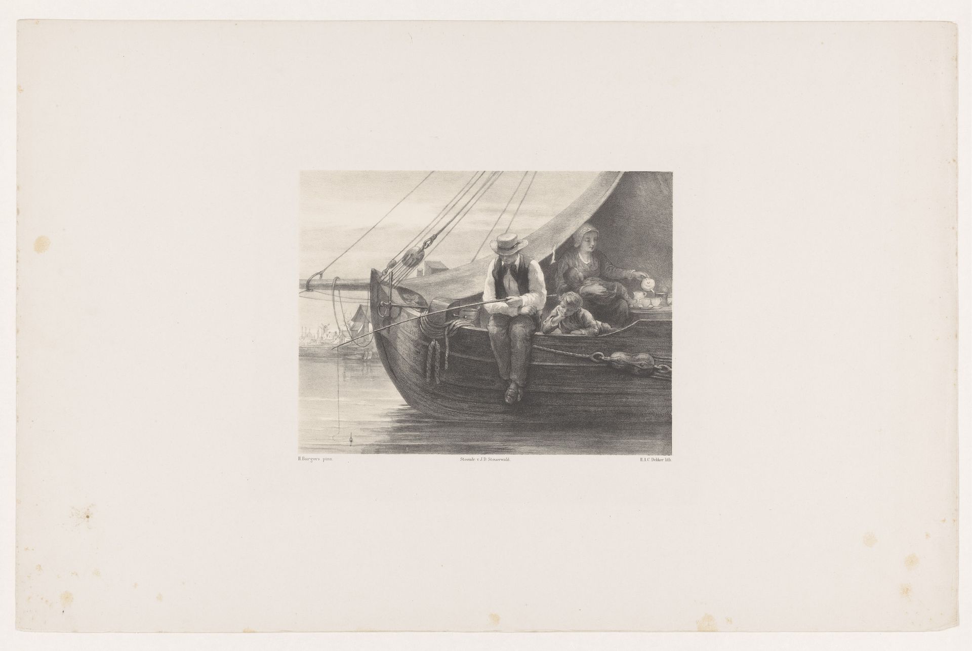 Vissersfamilie aan boord van een schip by Hendrik Adriaan Christiaan Dekker