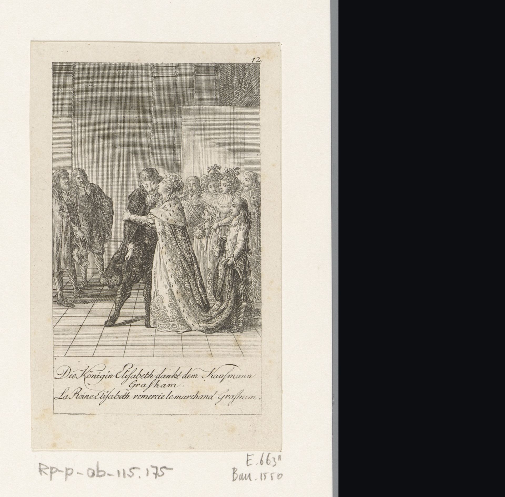 Koningin Elisabeth dankt Grasham by Daniel Nikolaus Chodowiecki