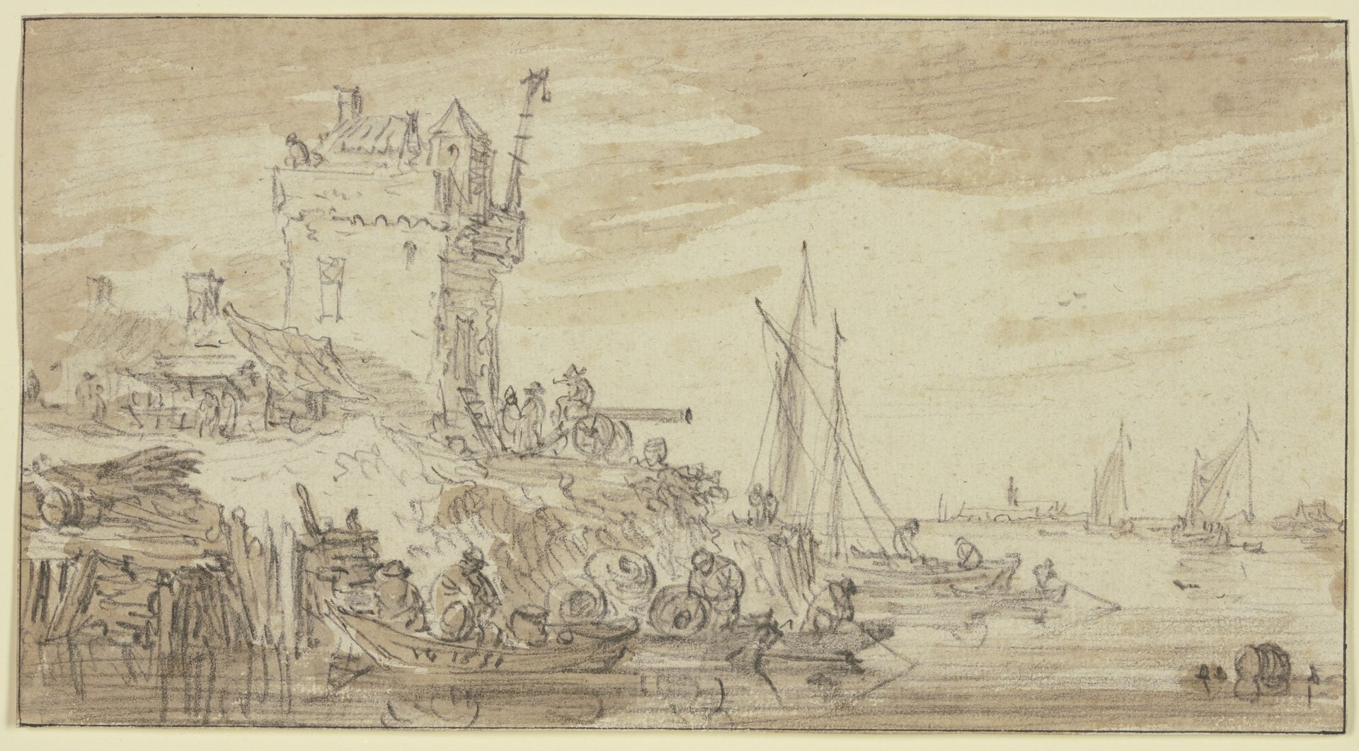 Links an einem Fluss ein befestigter Turm, dabei eine Kanone auf welcher ein Mann sitzt by Jan van Goyen