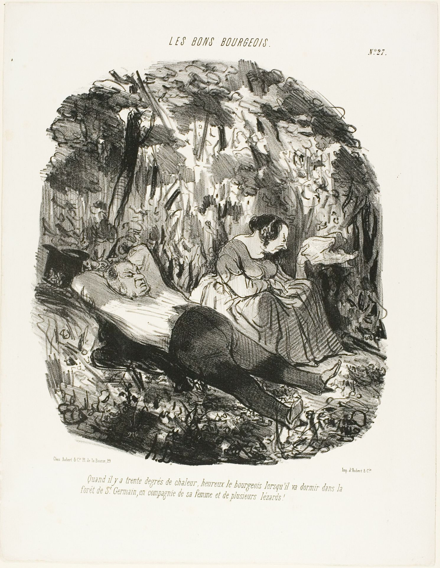 At 30°C, lucky he who can escape and snooze in the forest of Saint-Germain accompanied by his wife and a few lizards, plate 27 from Les Bons Bourgeois by Honoré Daumier