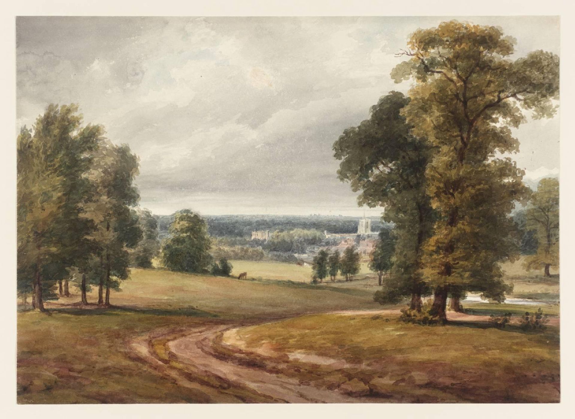 Near Bushey. Landscape with Distant Church beyond Trees by William Henry Hunt
