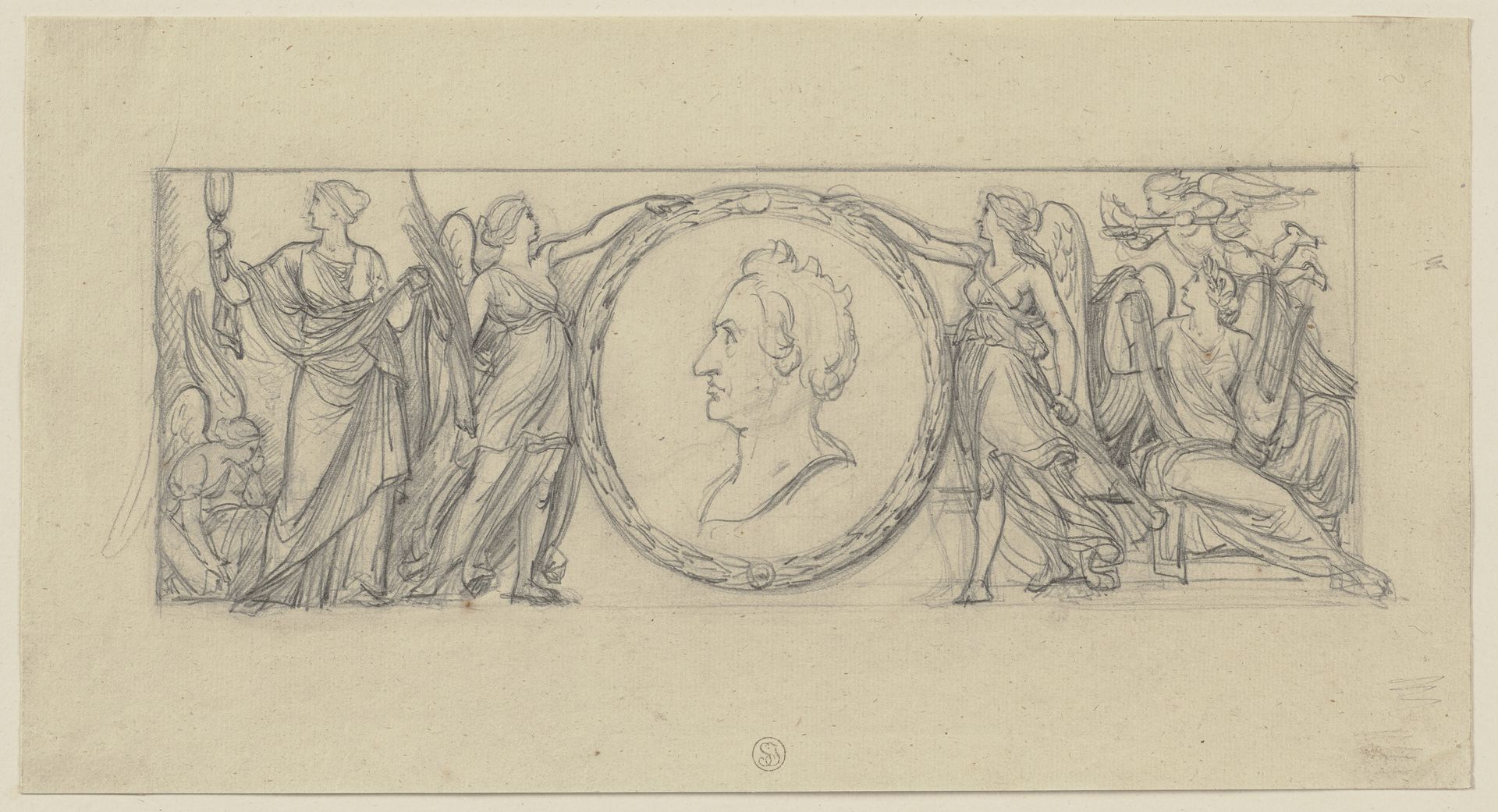 Weibliche Genien halten ein Medaillon mit dem Bildnis Goethes by Bernhard Neher the Younger