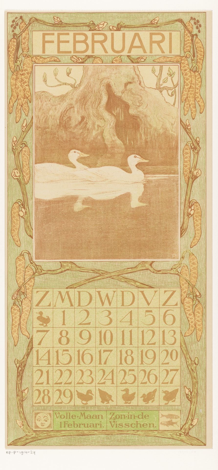 Kalenderblad februari met eenden by Theo van Hoytema