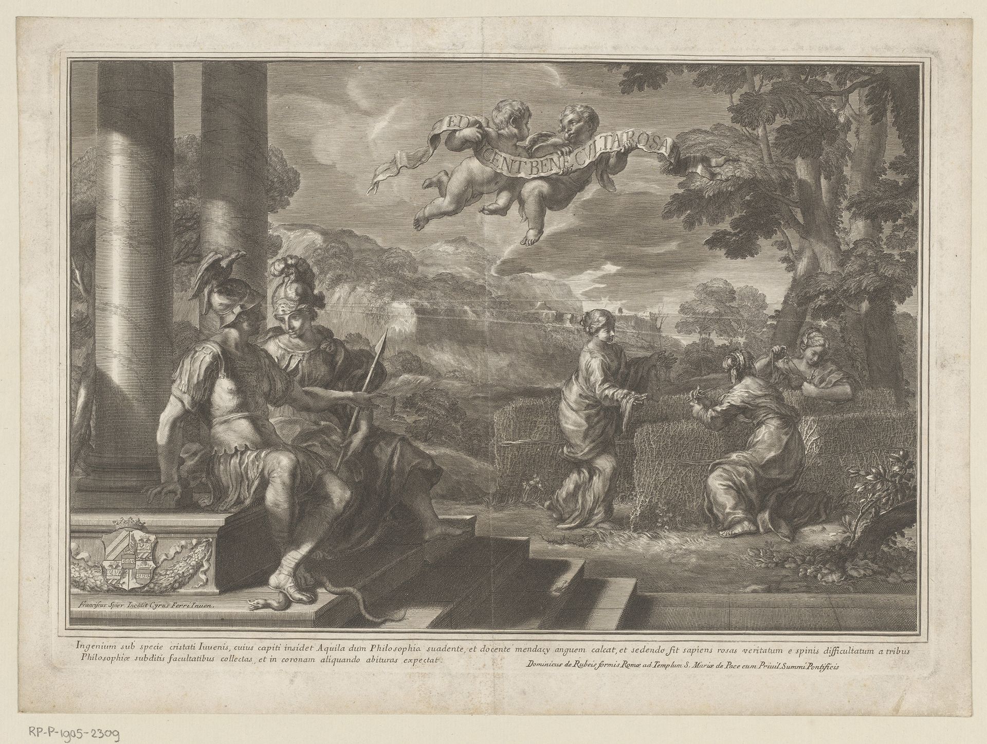 Zittende personificaties van Genie en Filosofie met nimfen die rozen planten by François Spierre