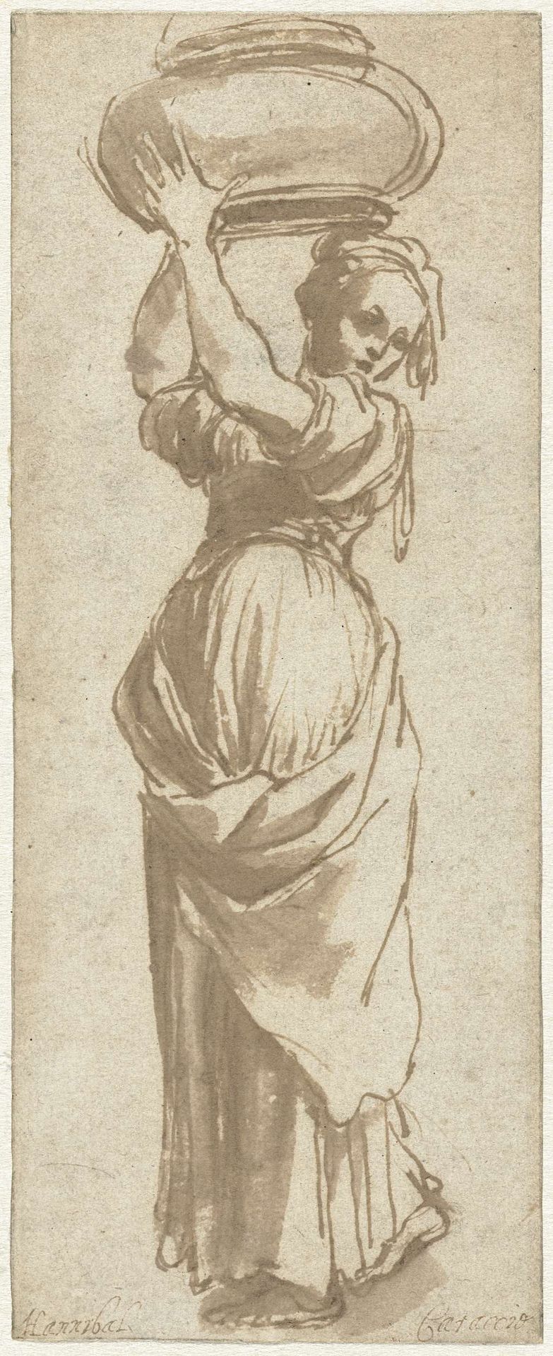Lopende vrouw met een kom boven haar hoofd by Cigoli