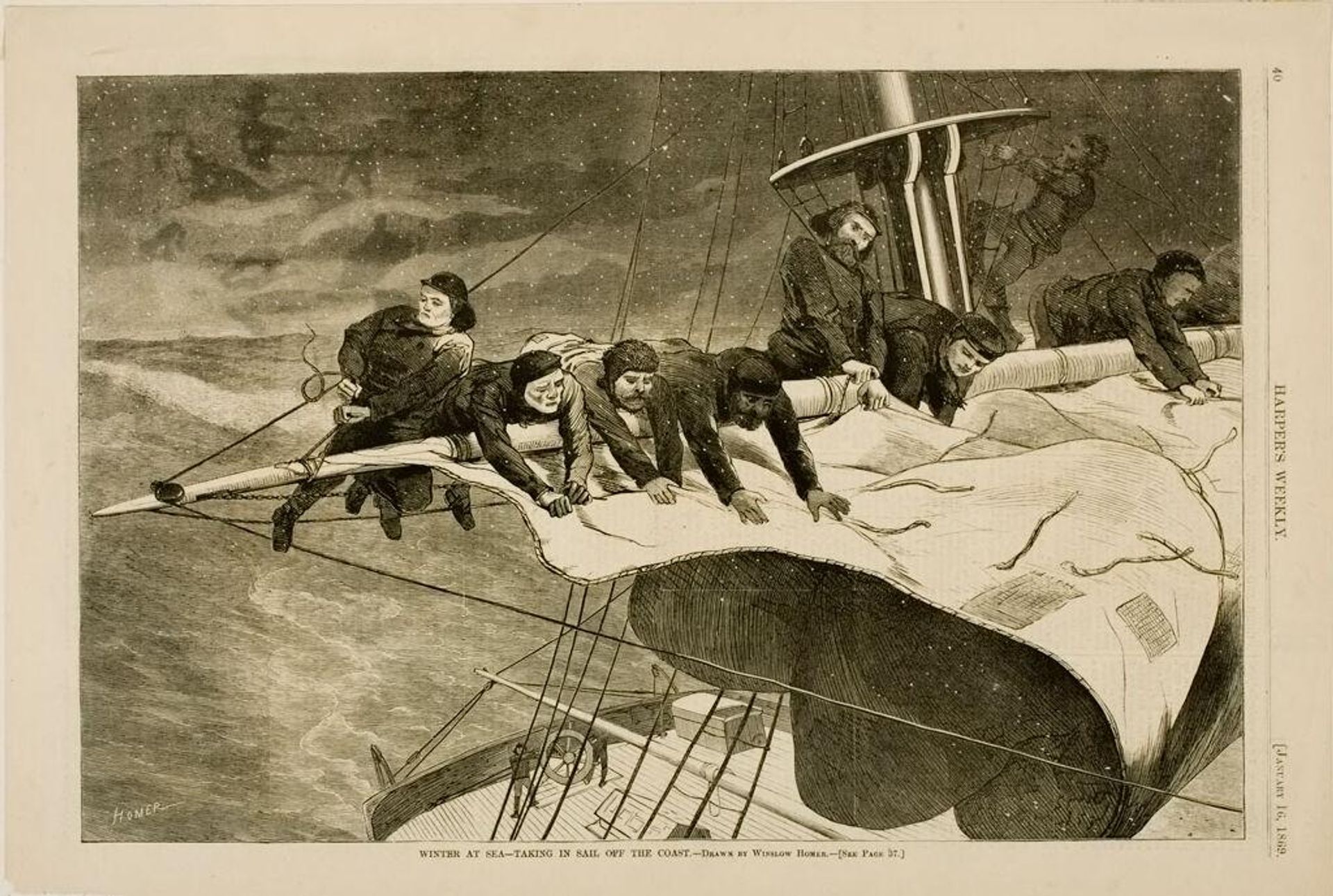 Winter at Sea - Taking in Sail off the Coast by Designed by Winslow Homer