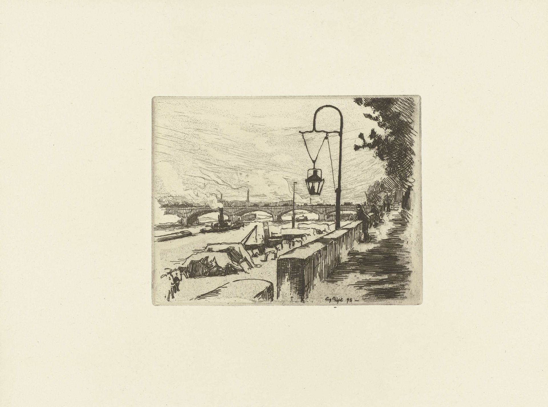 Stadsgezicht met Austerlitzbrug en Seine in Parijs by Eugène Bejot
