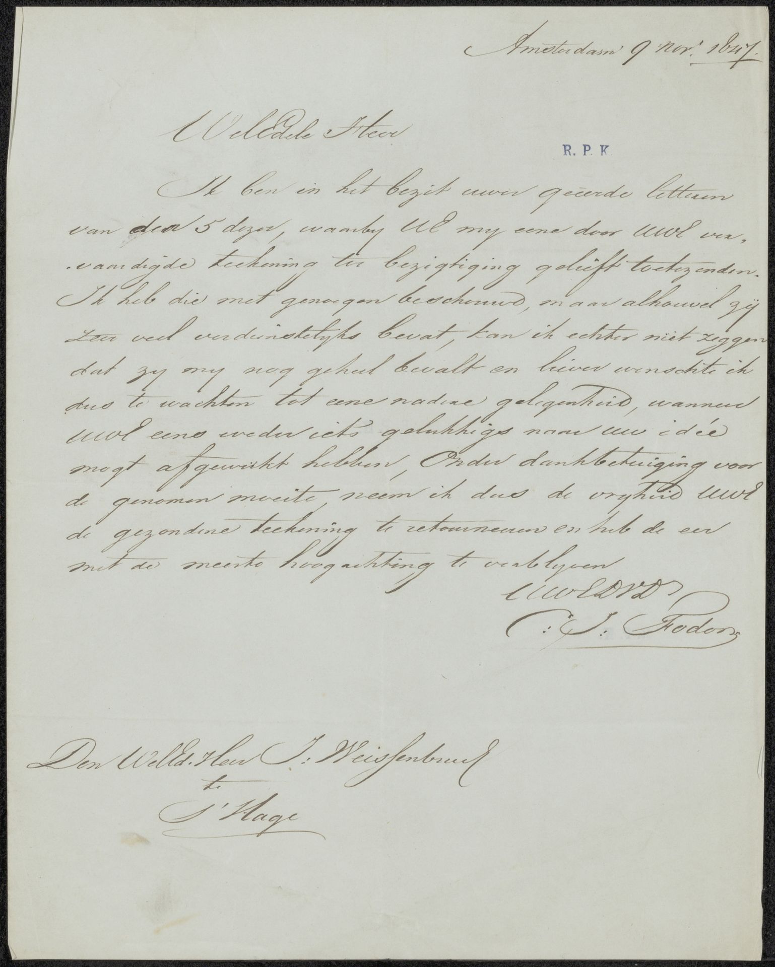 Brief aan Jan Weissenbruch by Carl Joseph Fodor