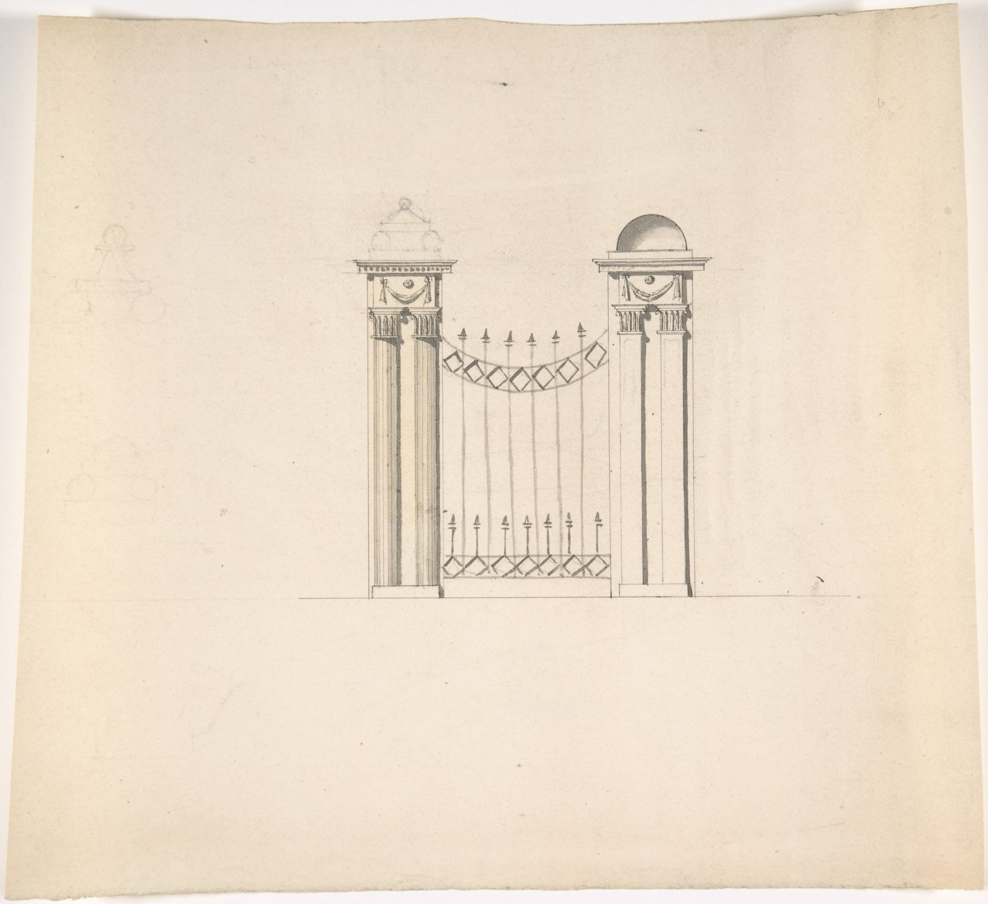 Design for Gate Piers with Paired Pilasters and Domed Caps, and a Gate by Anonymous