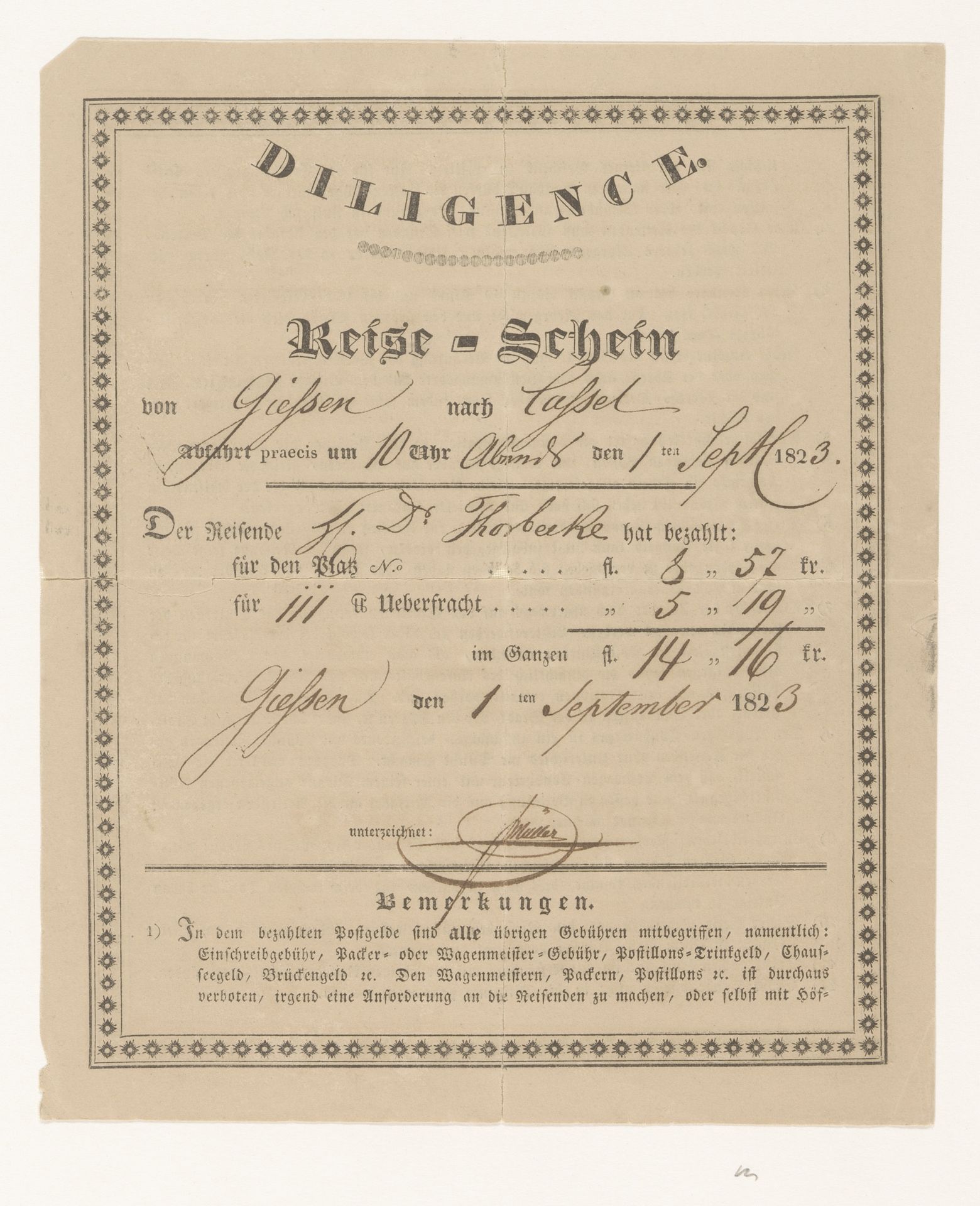 Diligence Reise-Schein by Anonymous