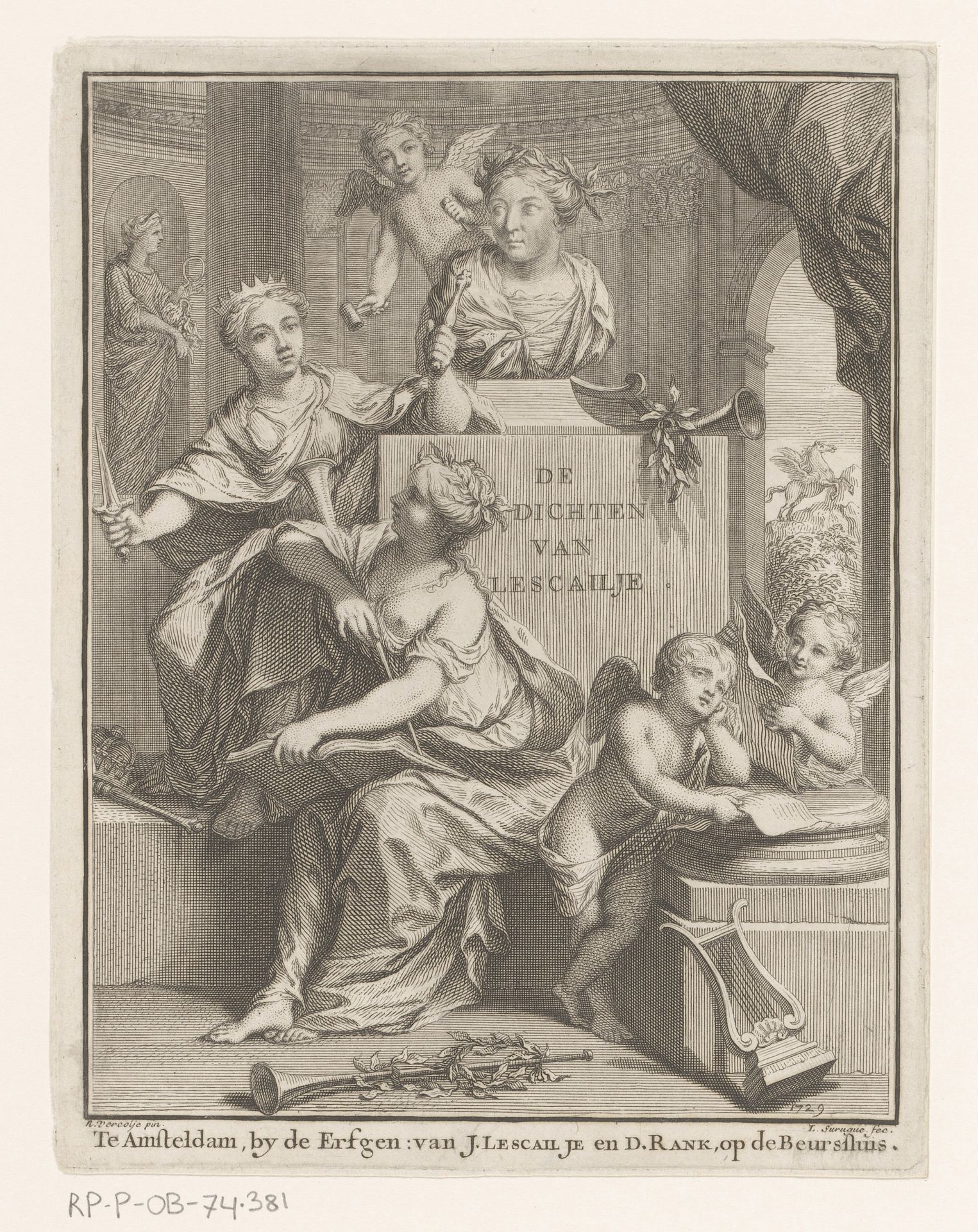 Buste van de dichteres Katharyne Lescaille te midden van de muzen by Louis Surugue
