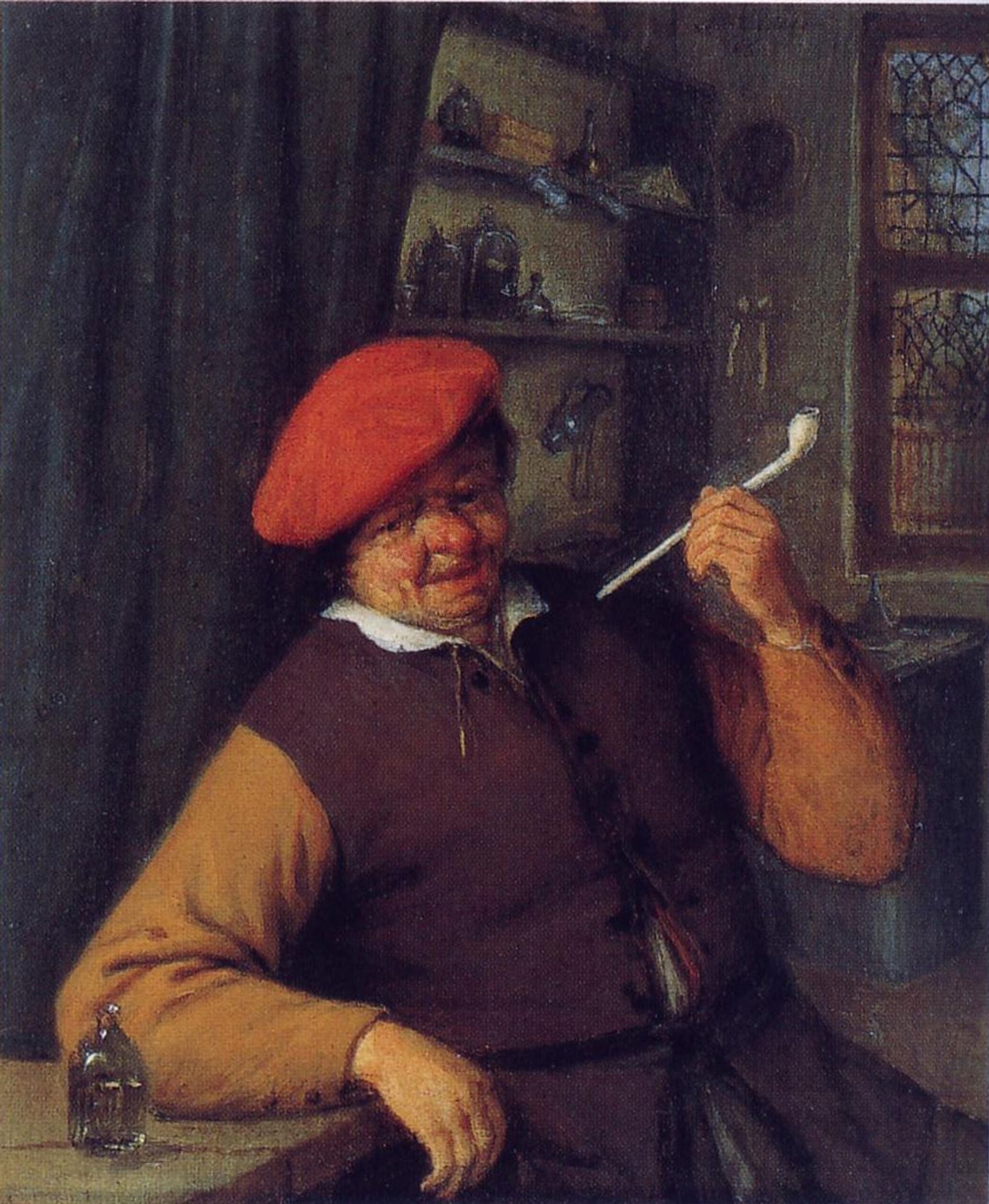 A Peasant in a Red Beret Smoking a Pipe by Adriaen van Ostade
