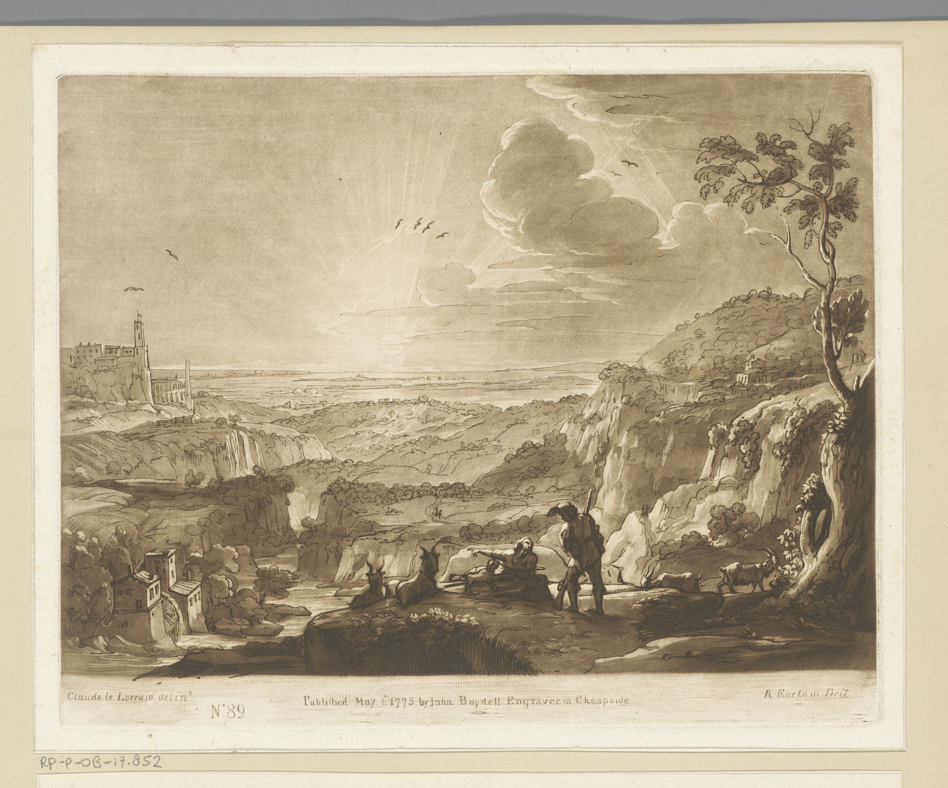 Bergachtig landschap met jager en herder bij zonsondergang by Richard Earlom