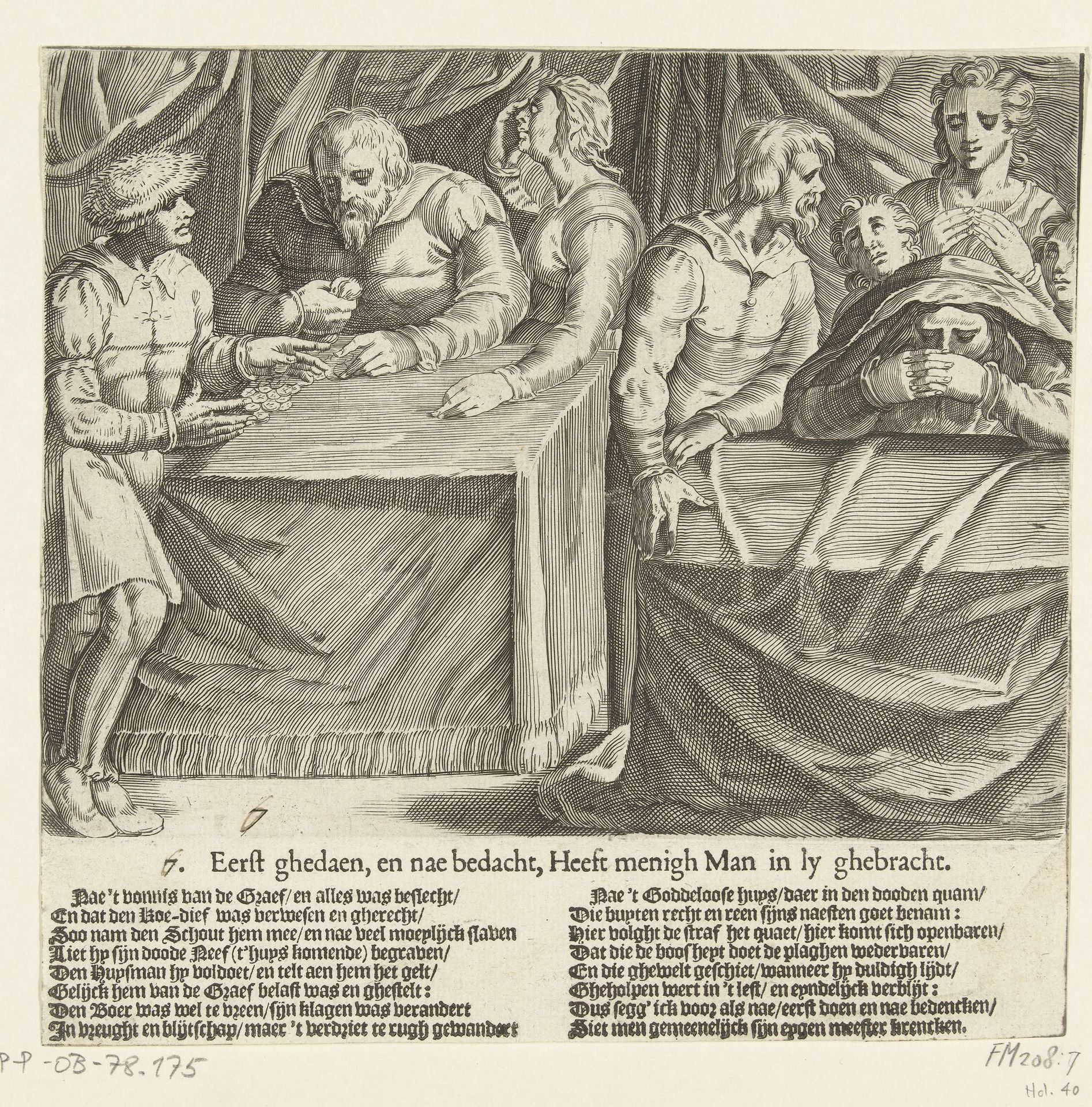 De schout betaalt de boer zijn vergoeding, de weduwe van de baljuw treurt bij zijn doodskist by Bartholomeus Willemsz. Dolendo