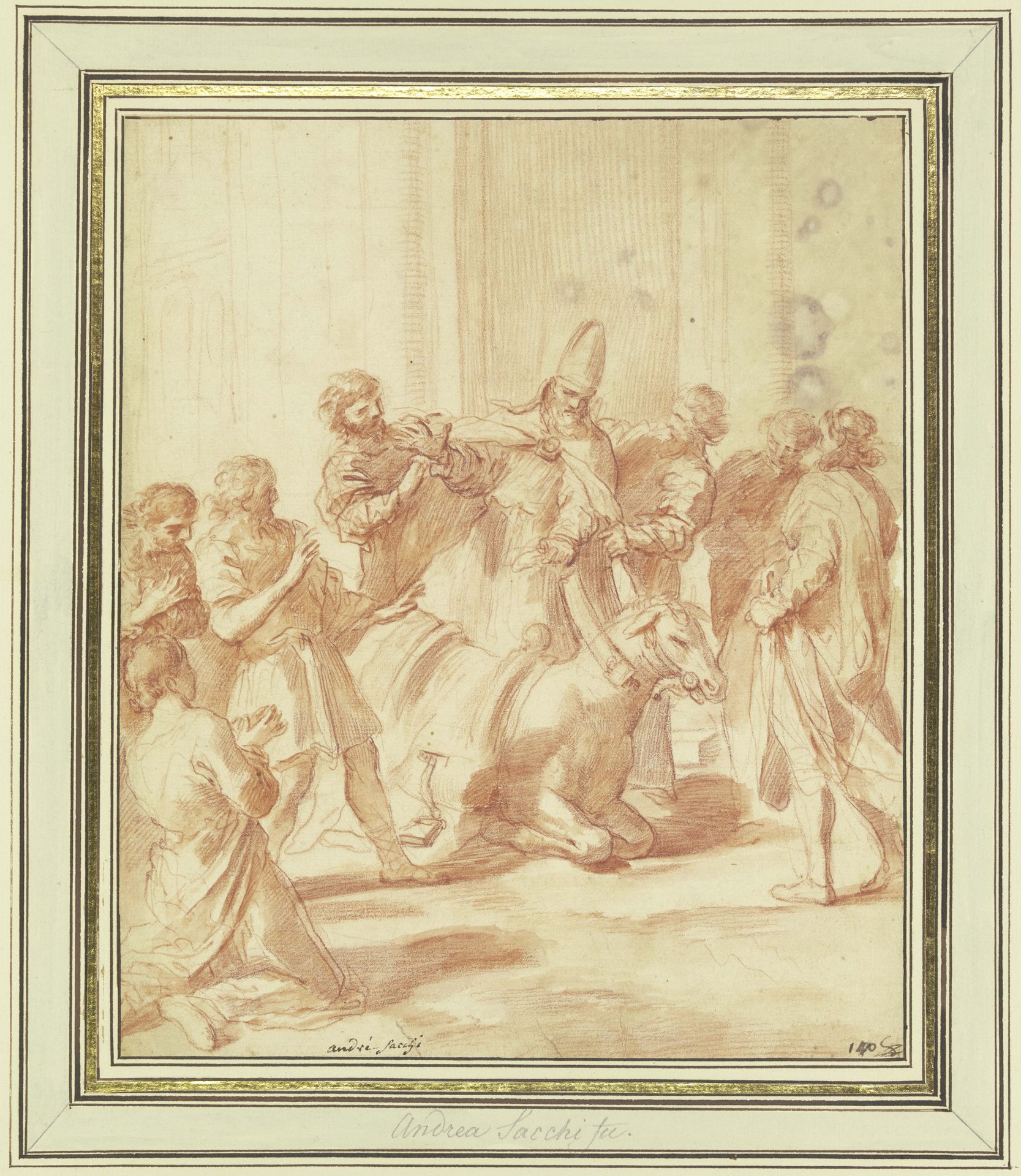 Ein Bischof lässt ein Maultier auf die Knie fallen by Andrea Sacchi