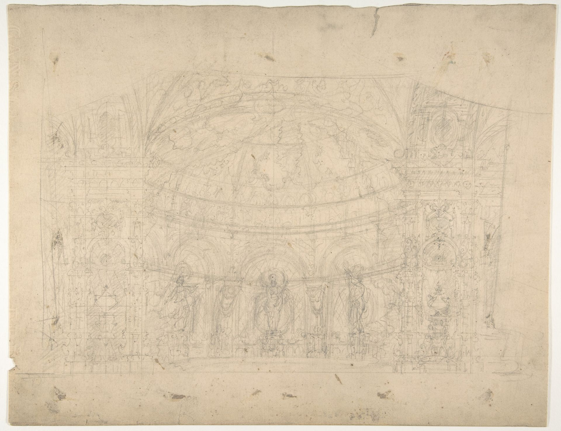 Design for a Stage Set at the Opéra, Paris: Domed Interior (recto); Sketches for Dome and Doors (verso) by Eugène Cicéri
