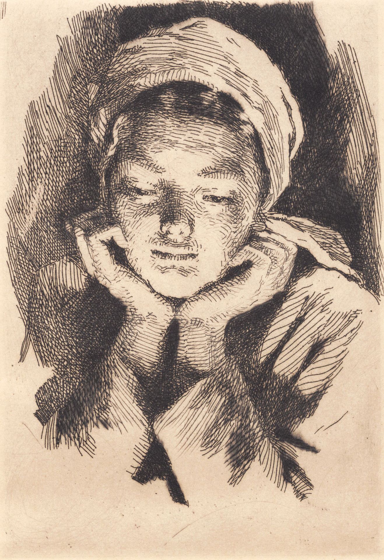 Ung kvinde med hue, en face, støttende hovedet i hænderne. Brystbillede by Frans Schwartz
