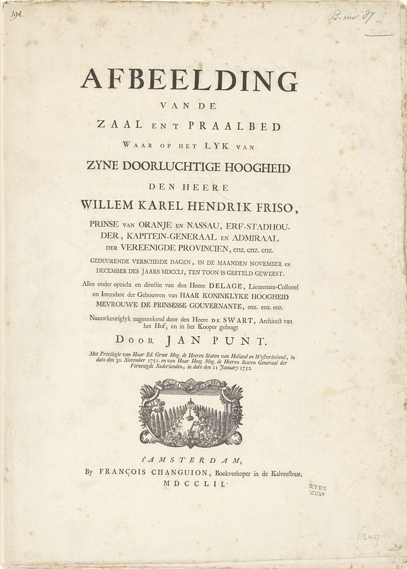 Tekstbladen bij en de platen van het praalbed van prins Willem IV, 1751 by Jan Punt