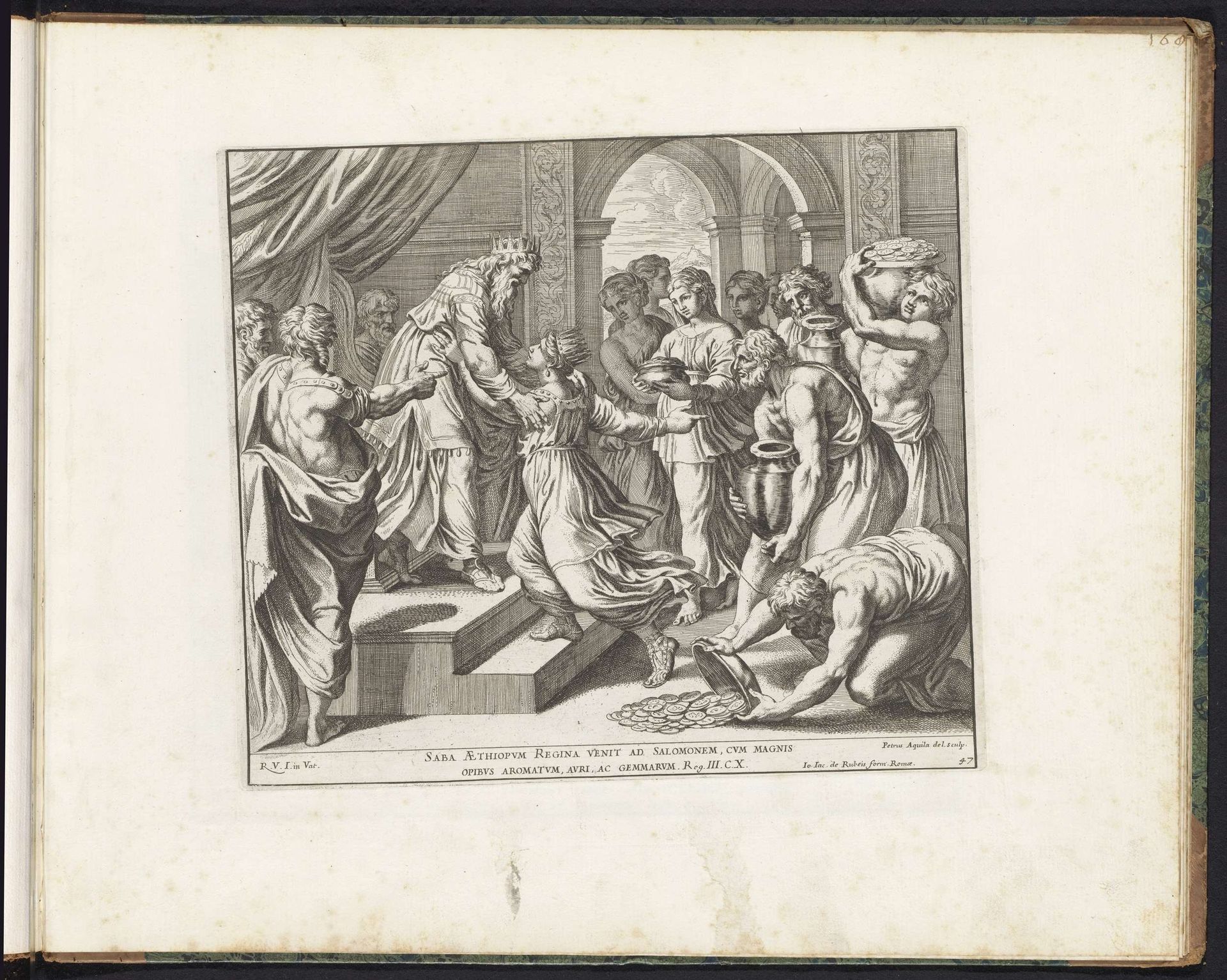 Koningin van Seba brengt Salomo geschenken by Pietro Aquila