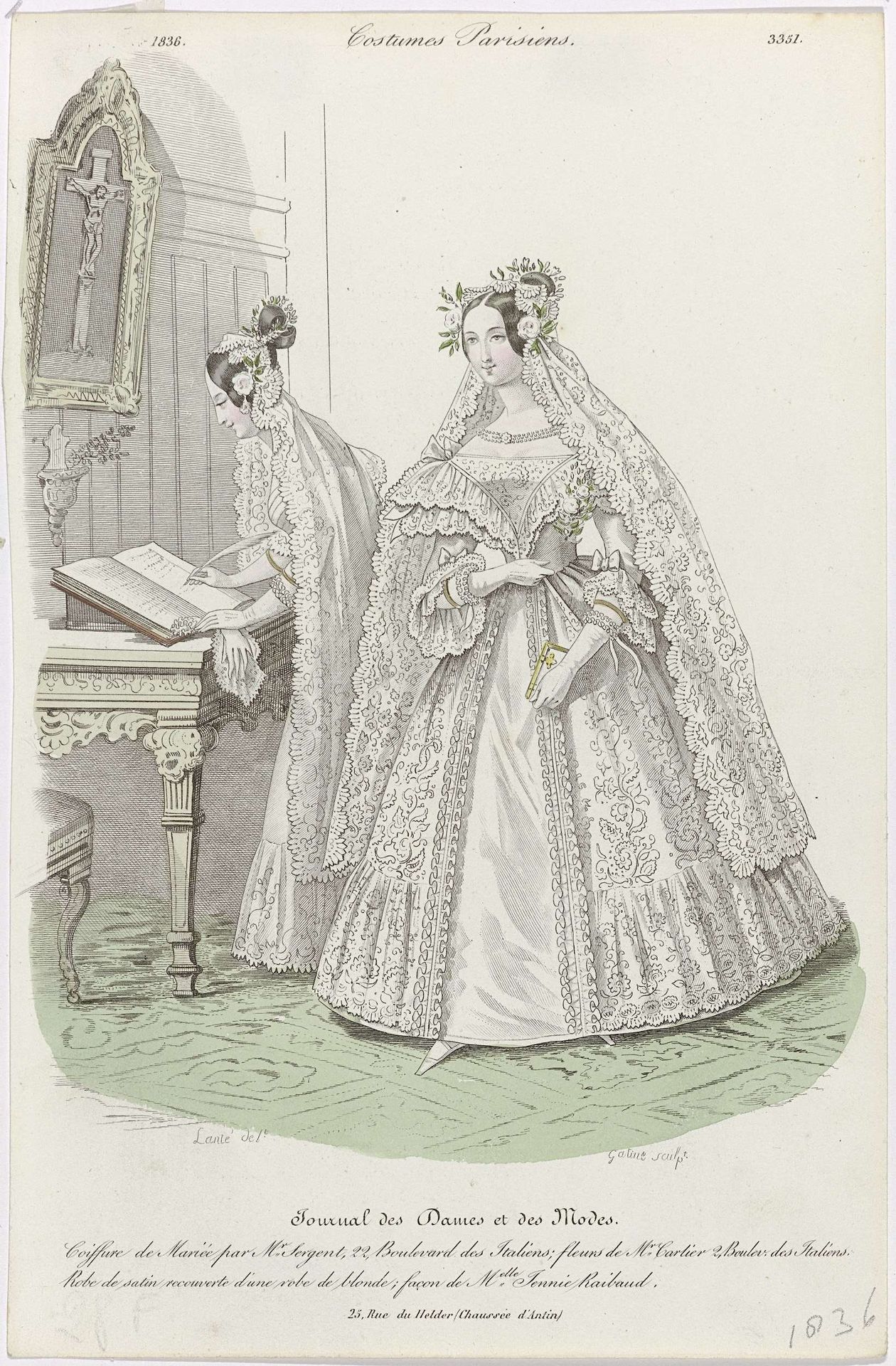 Journal des Dames et des Modes, Costumes Parisiens 1836 (3351): Coiffure de Marié (...) by Georges Jacques Gatine