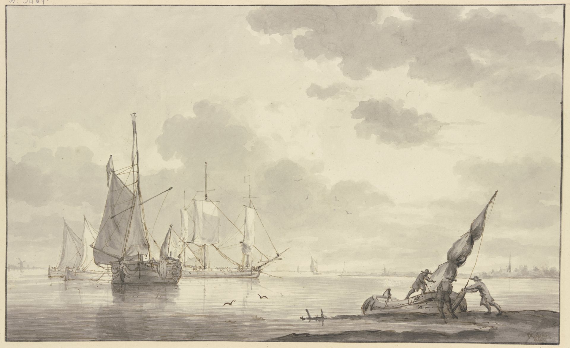 Ruhige See, links liegen mehrere große Schiffe, rechts machen drei Männer ein Boot flott by Hendrik Kobell