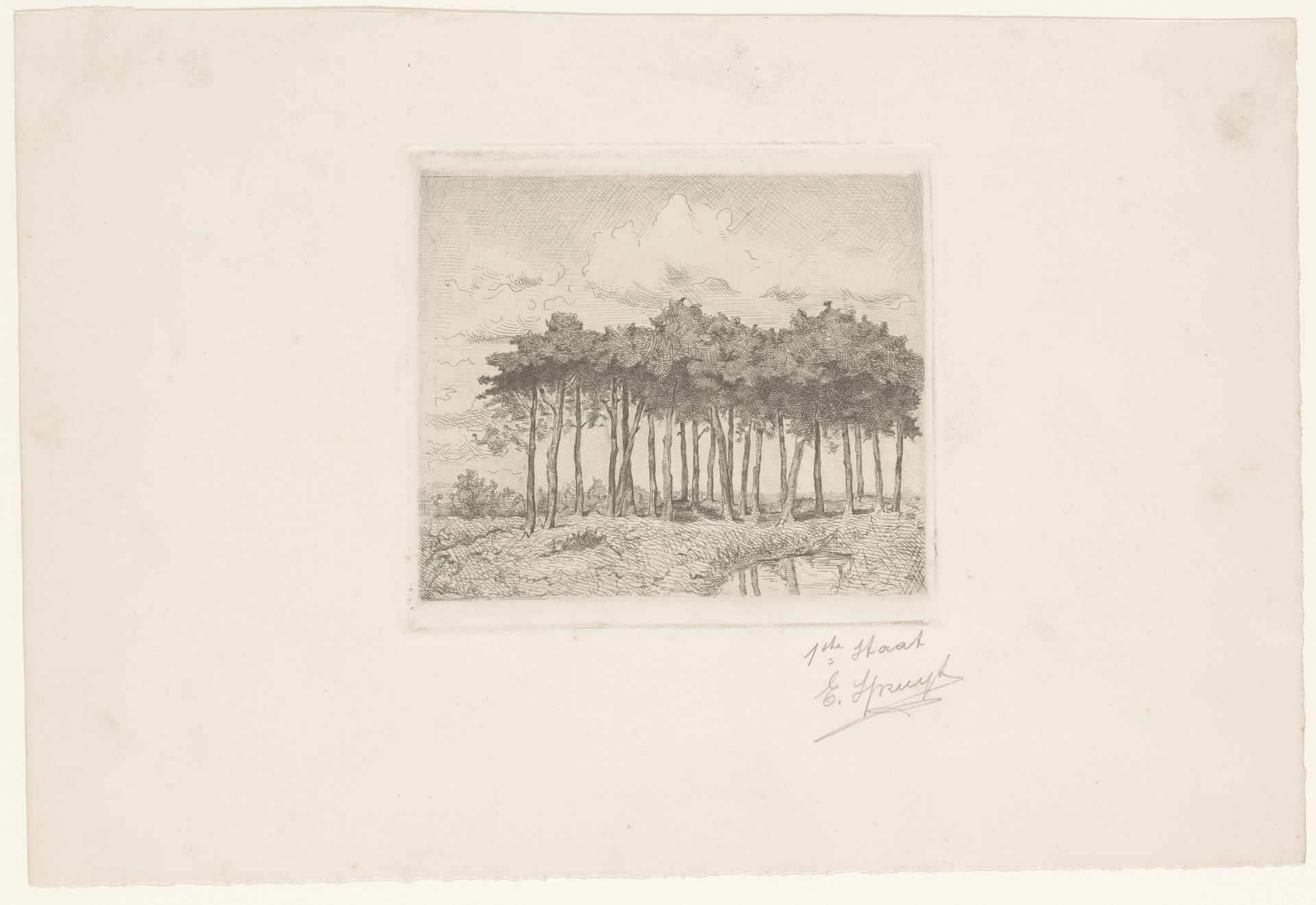 Groep bomen bij een waterplas by Emile Pierre Maria Spruyt