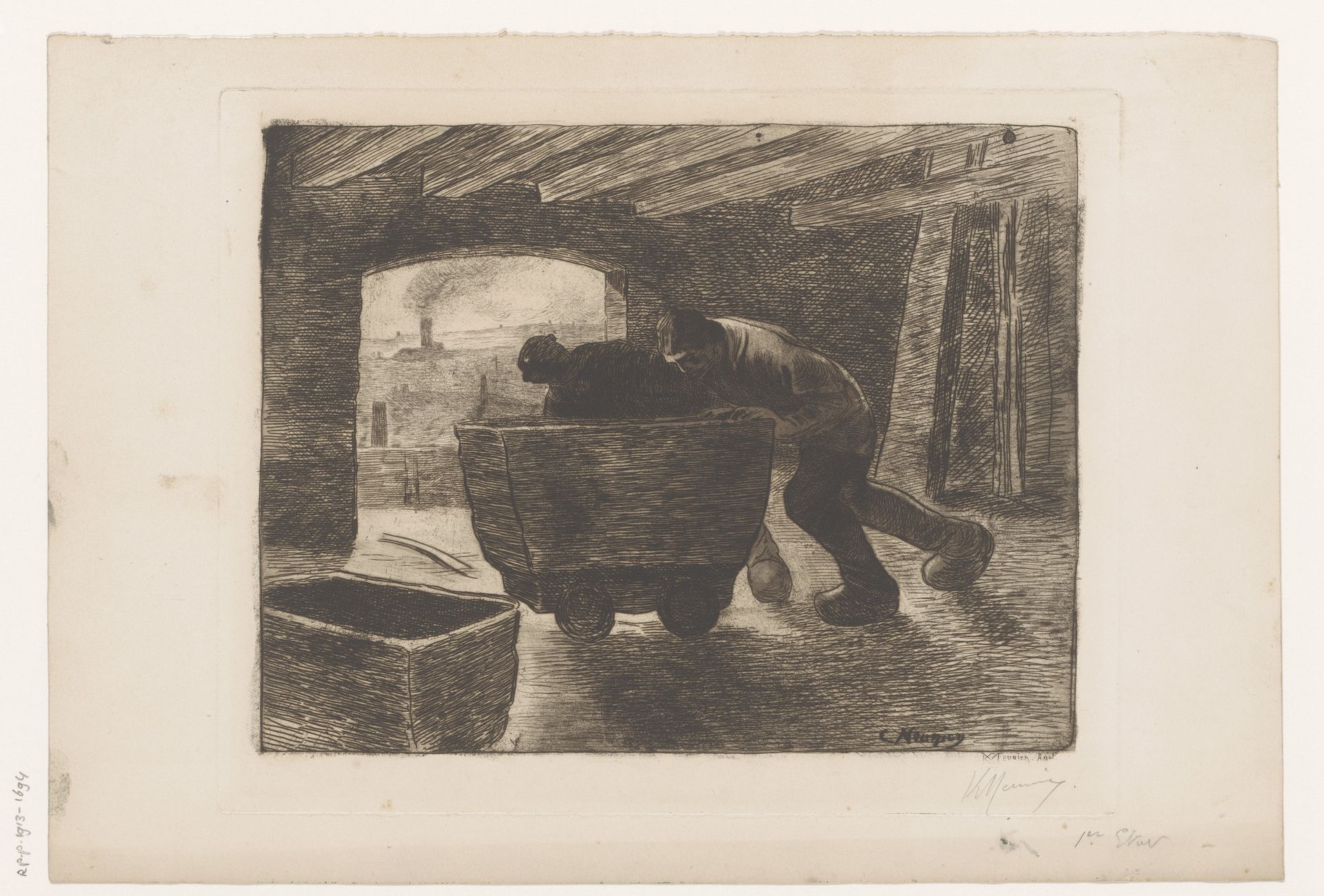 Twee mijnwerkers duwen een wagen vooruit by Karl Meunier