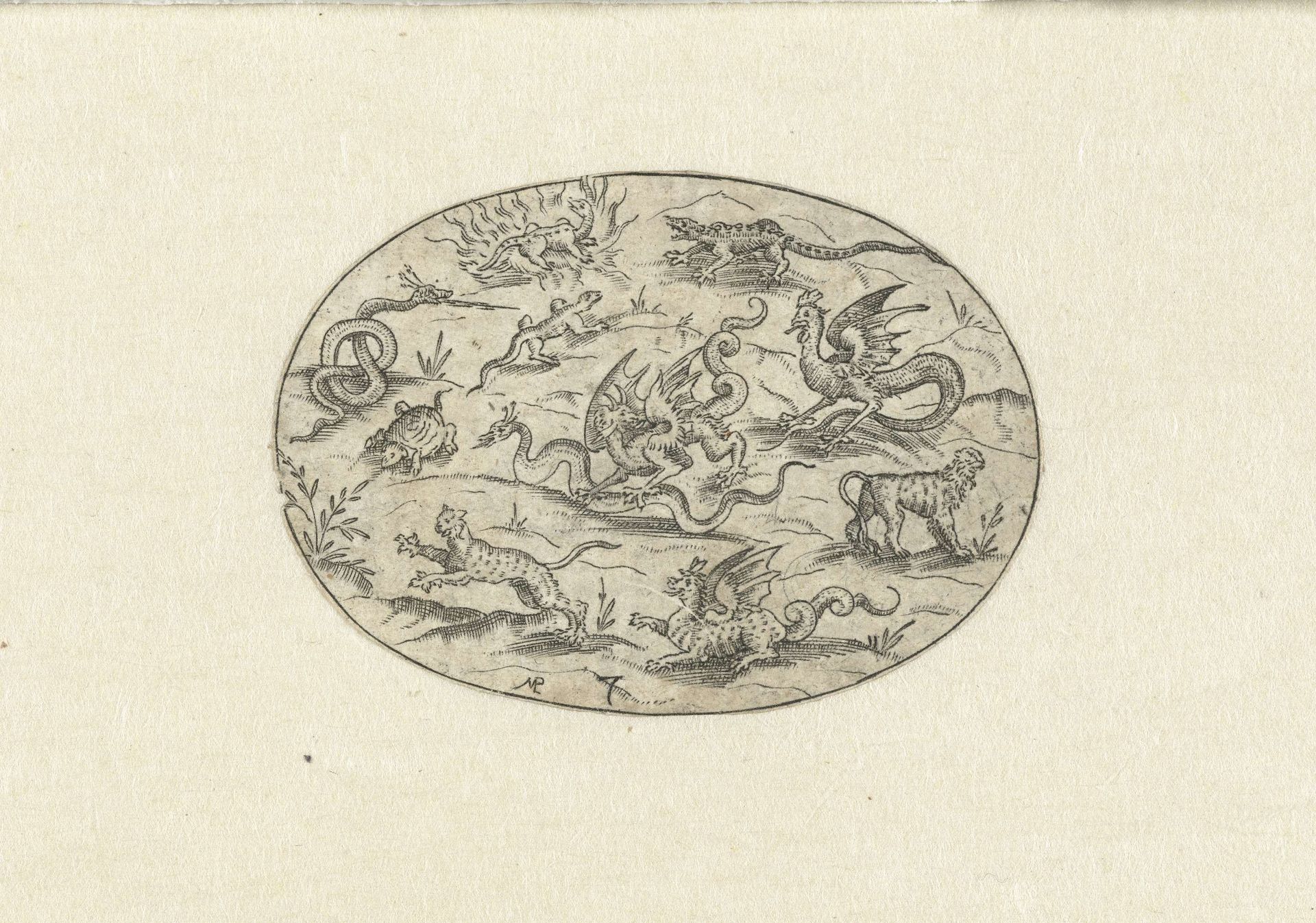 Ovaal met reptielen, katachtigen en fantasiewezens by Martin Pleginck