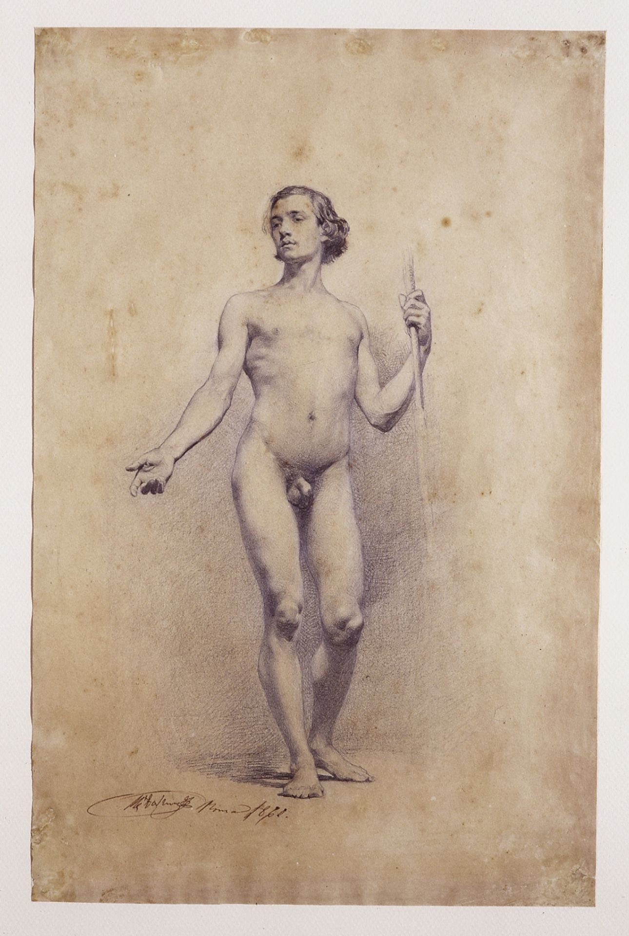 Nude young man with spear by Mariano Fortuny Marsal