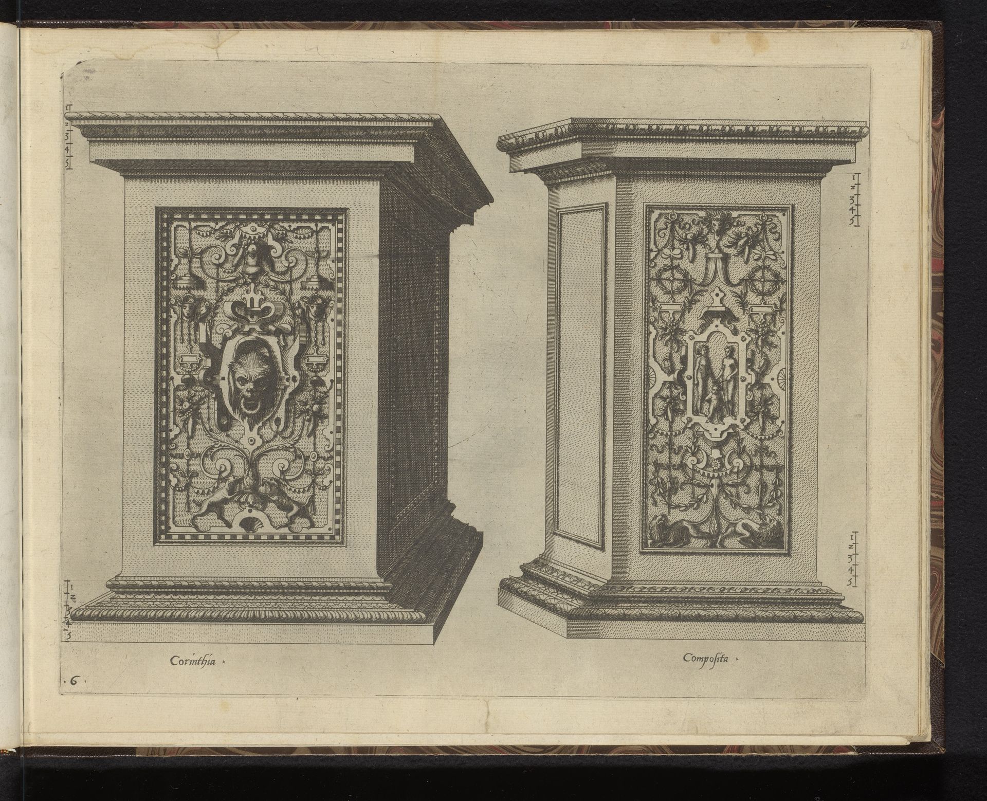 Twee piëdestals, in de Korinthische en Composiete Orde by Johannes of Lucas van Doetechum