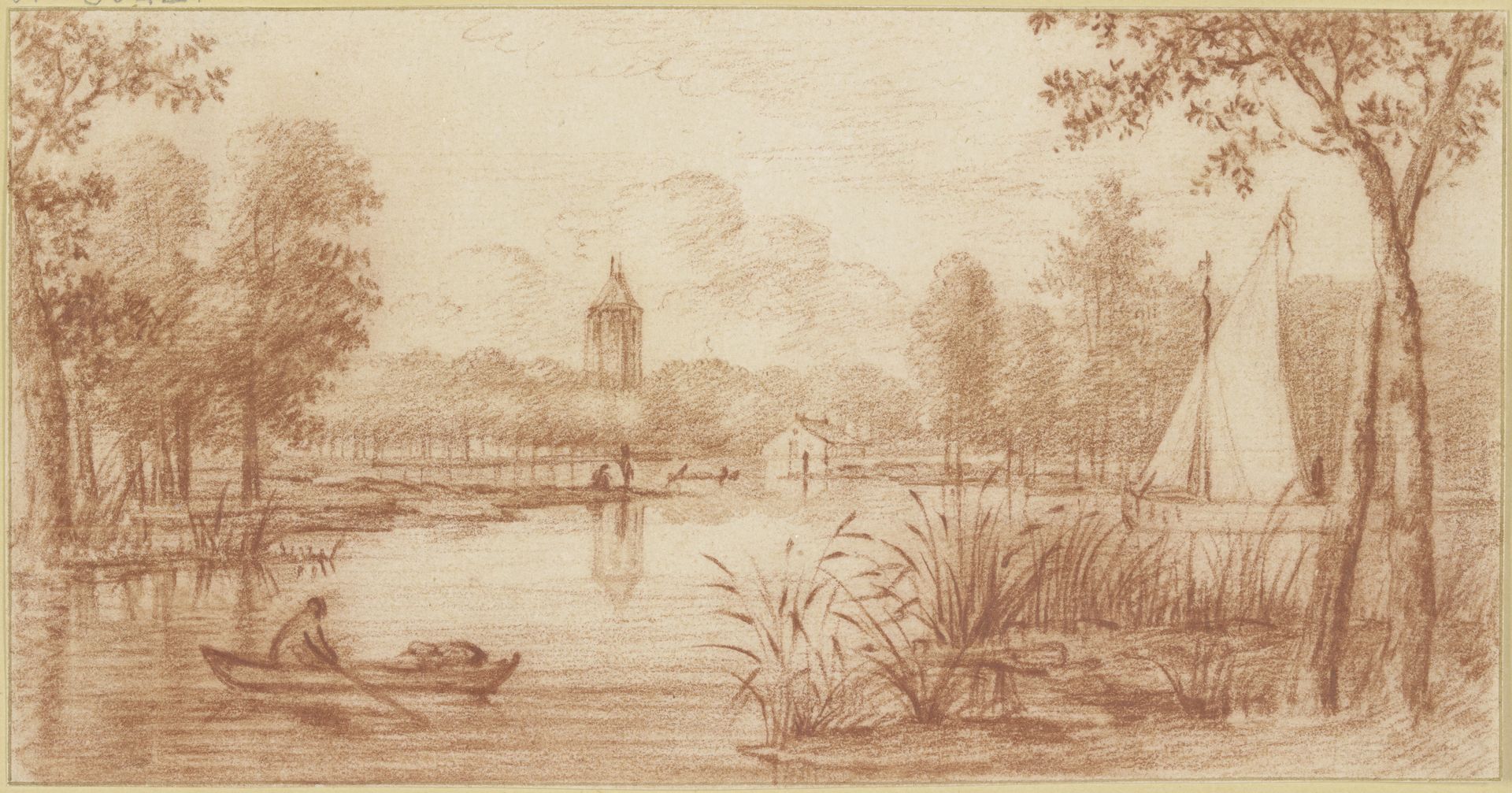 Flussgegend zwischen Bäumen, rechts ein Segelschiff, links ein Boot, im Hintergrund ein Turm by Abraham Rutgers
