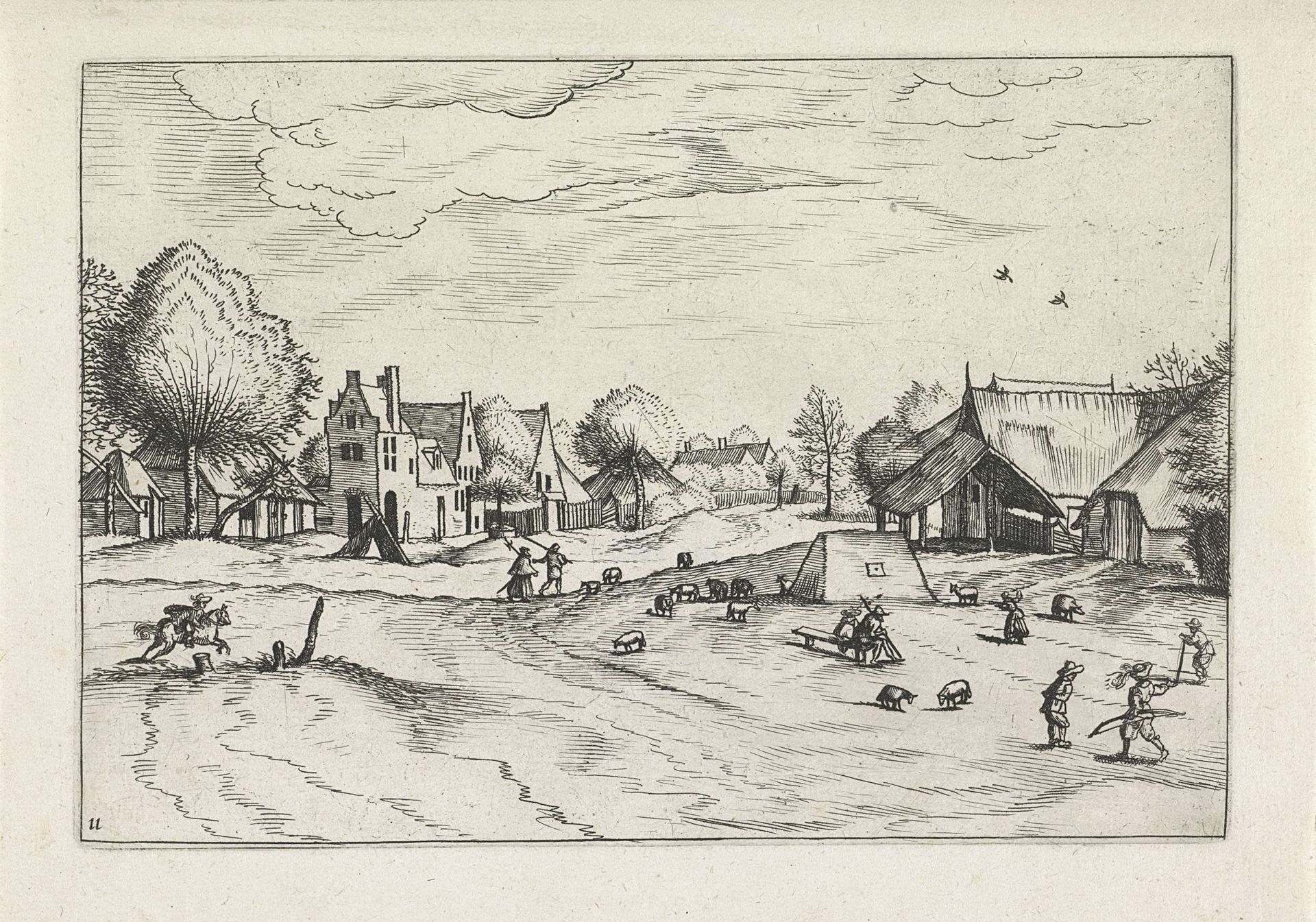 Dorp met schapen en zittende herder by Johannes of Lucas van Doetechum