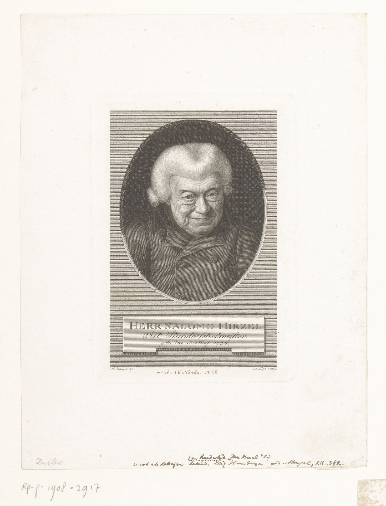 Portret van Salomon Hirzel by Johann Heinrich Lips