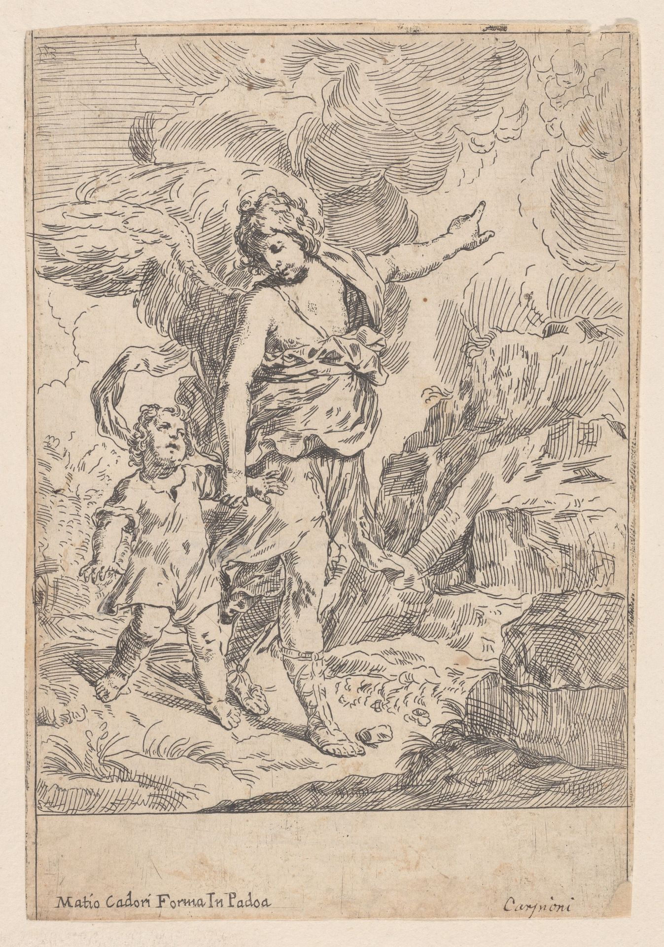 A guardian angel walking hand in hand with a young child by Giulio Carpioni