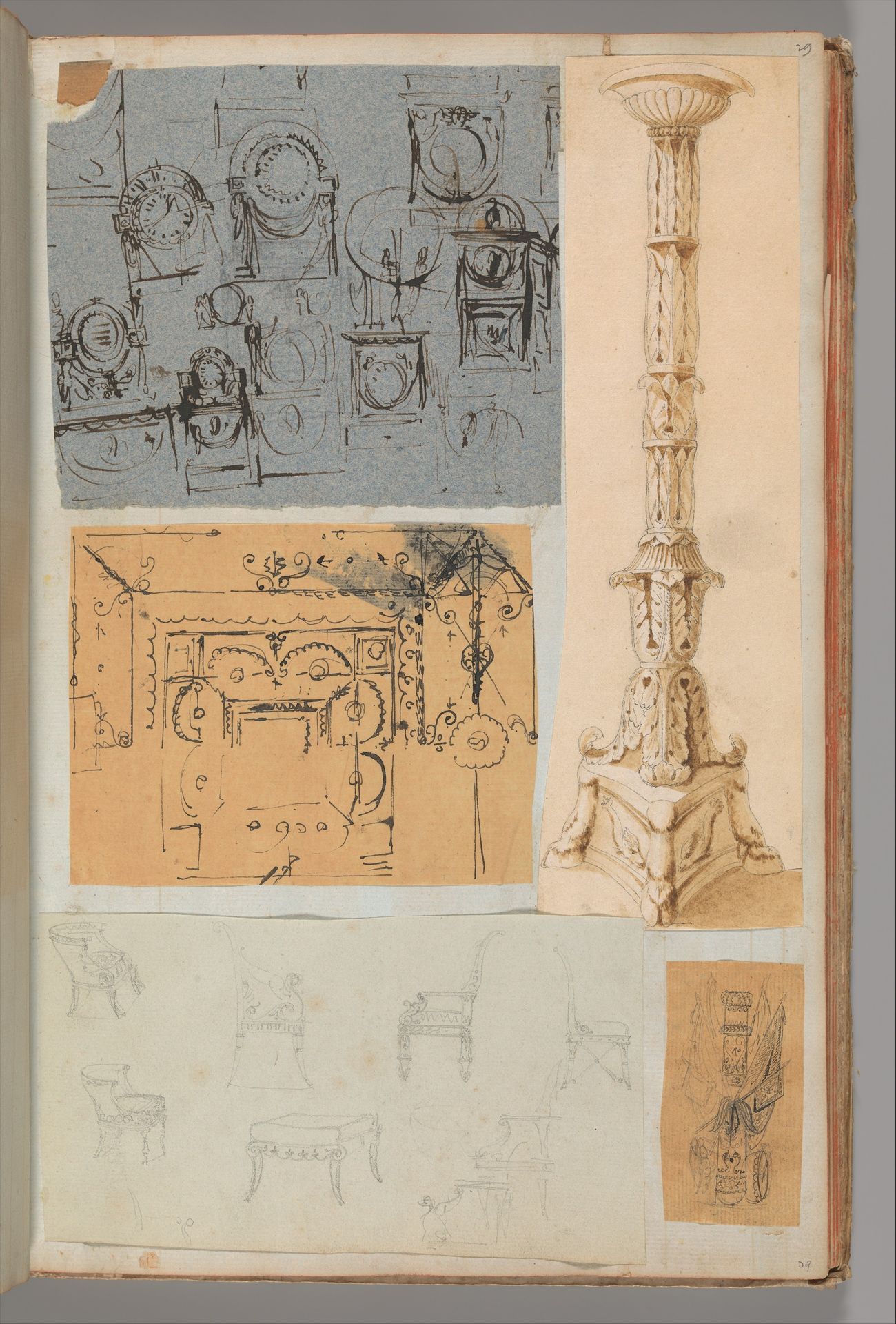 Page from a Scrapbook containing Drawings and Several Prints of Architecture, Interiors, Furniture and Other Objects by Charles Percier